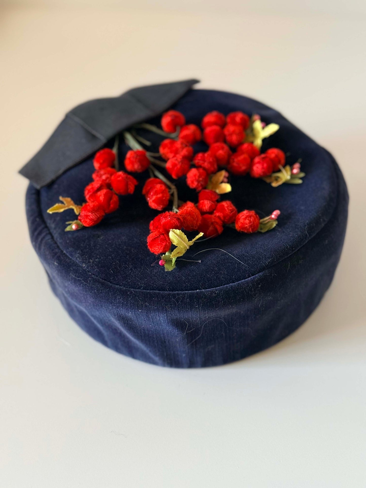 Vintage 1950s Navy Velvet Pillbox Hat | Cherry Red Berry Trim Cocktail Hat | Mid Century Winter Millinery Fascinator