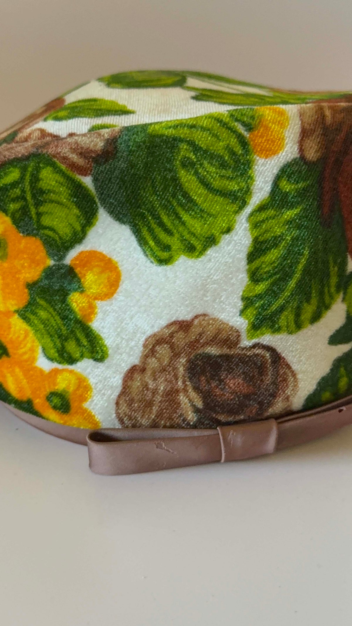 Vintage 1960s Floral Velvet Pillbox Hat Brown Yellow Green Rose Print Mod Retro Satin Bow Women's Mid Century Millinery