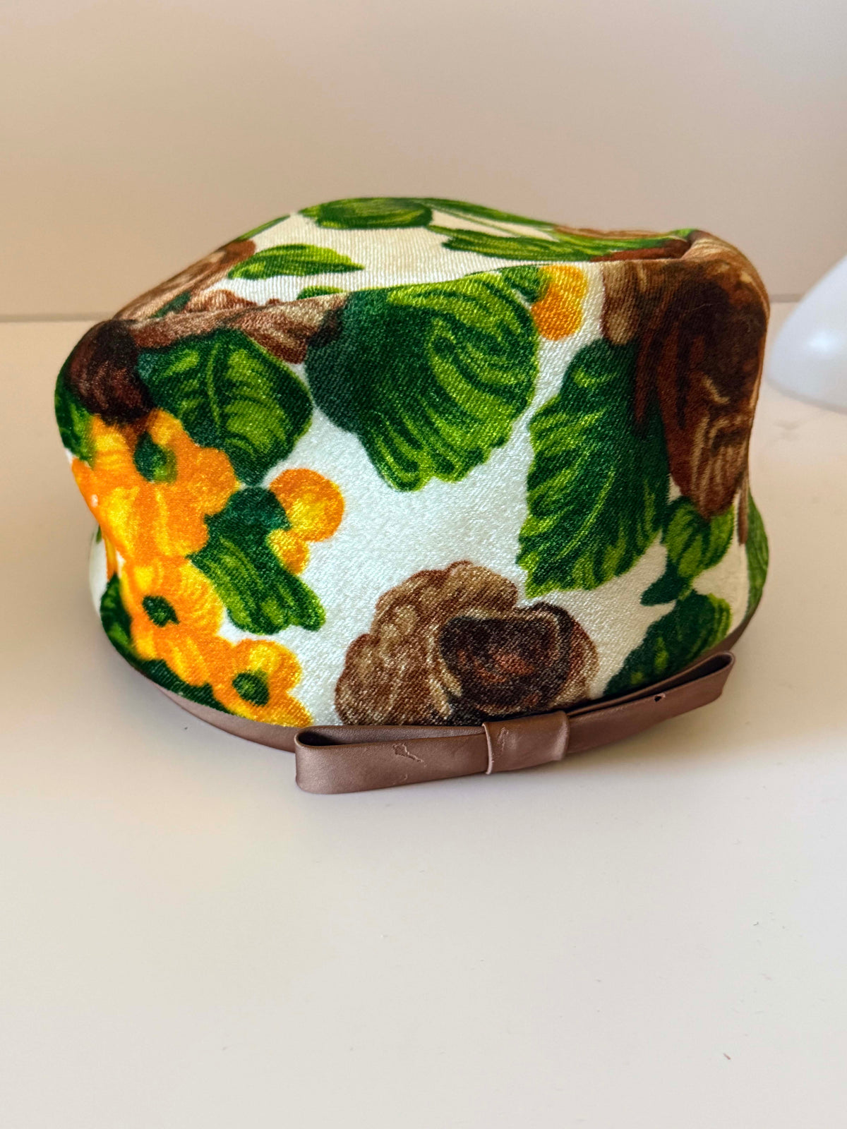 Vintage 1960s Floral Velvet Pillbox Hat Brown Yellow Green Rose Print Mod Retro Satin Bow Women's Mid Century Millinery