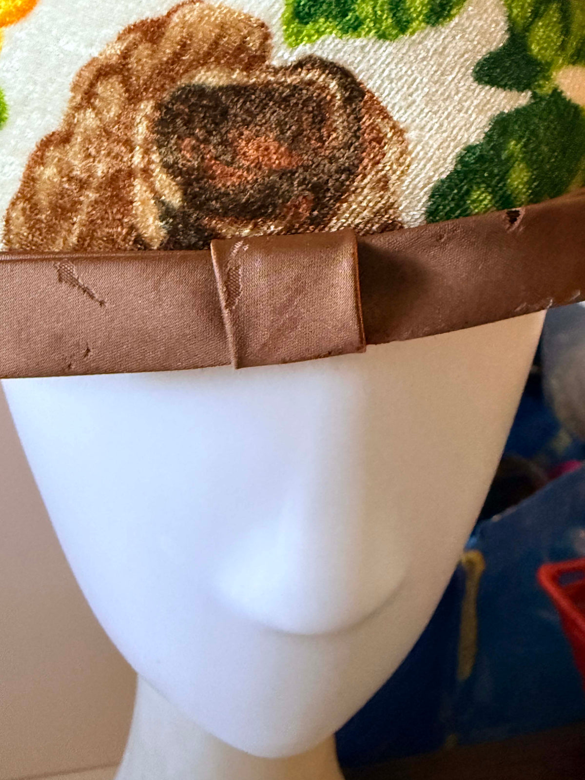 Vintage 1960s Floral Velvet Pillbox Hat Brown Yellow Green Rose Print Mod Retro Satin Bow Women's Mid Century Millinery