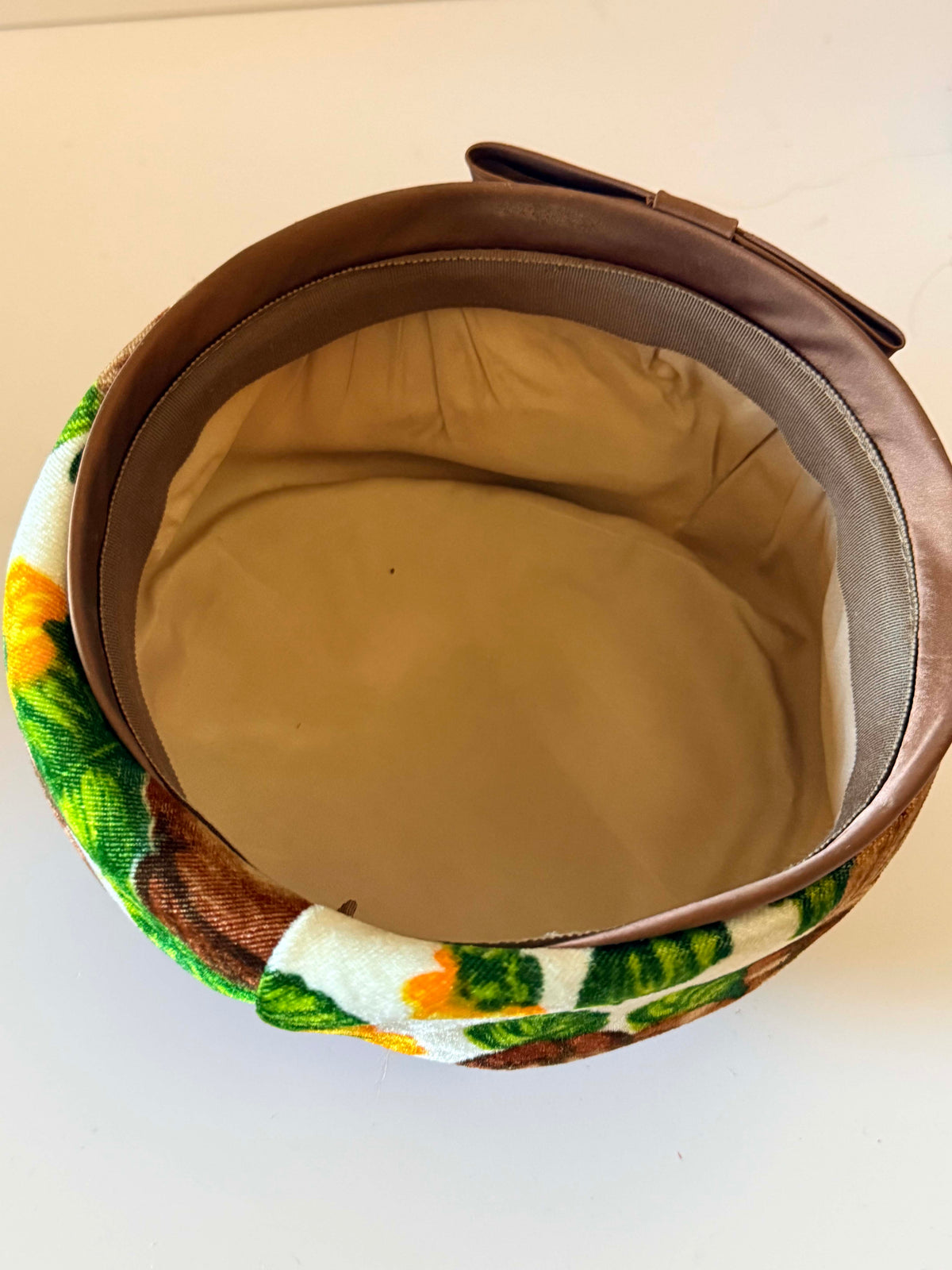 Vintage 1960s Floral Velvet Pillbox Hat Brown Yellow Green Rose Print Mod Retro Satin Bow Women's Mid Century Millinery