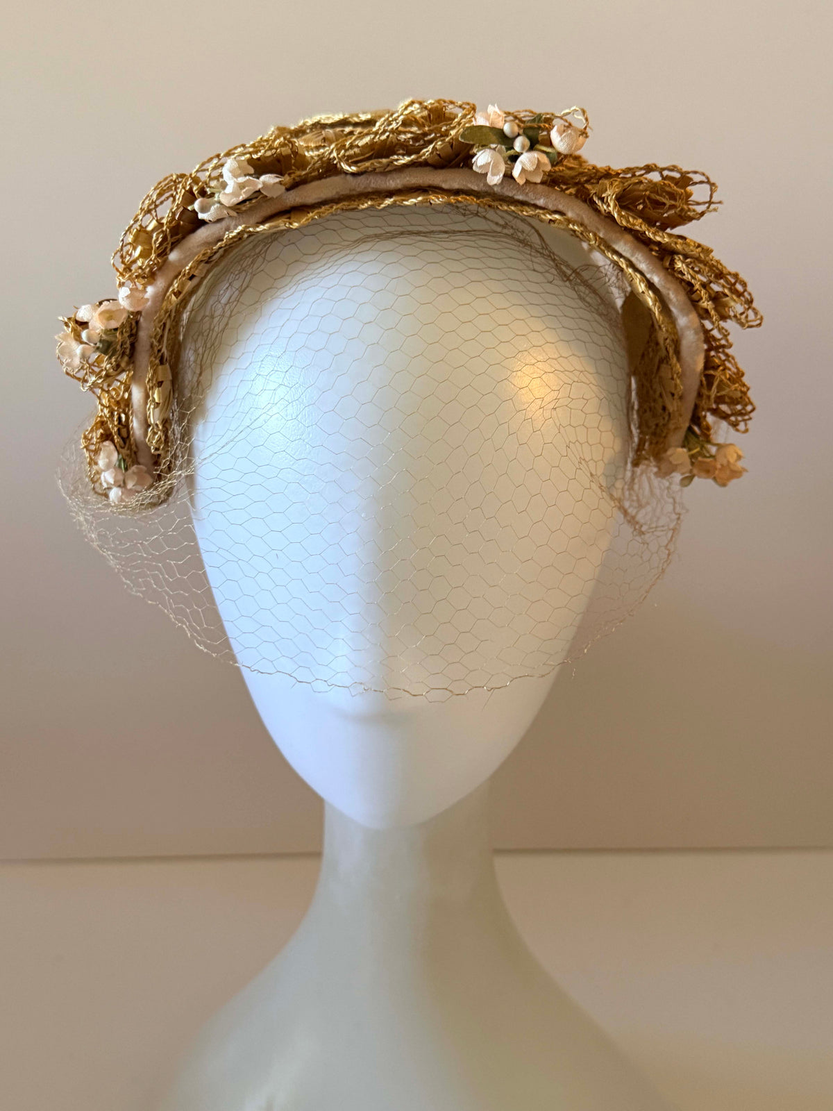 Vintage 1950s Gold Straw Half Hat with Birdcage Veil Ivory Flowers Wedding Bridal Fascinator Spring Garden Party Millinery