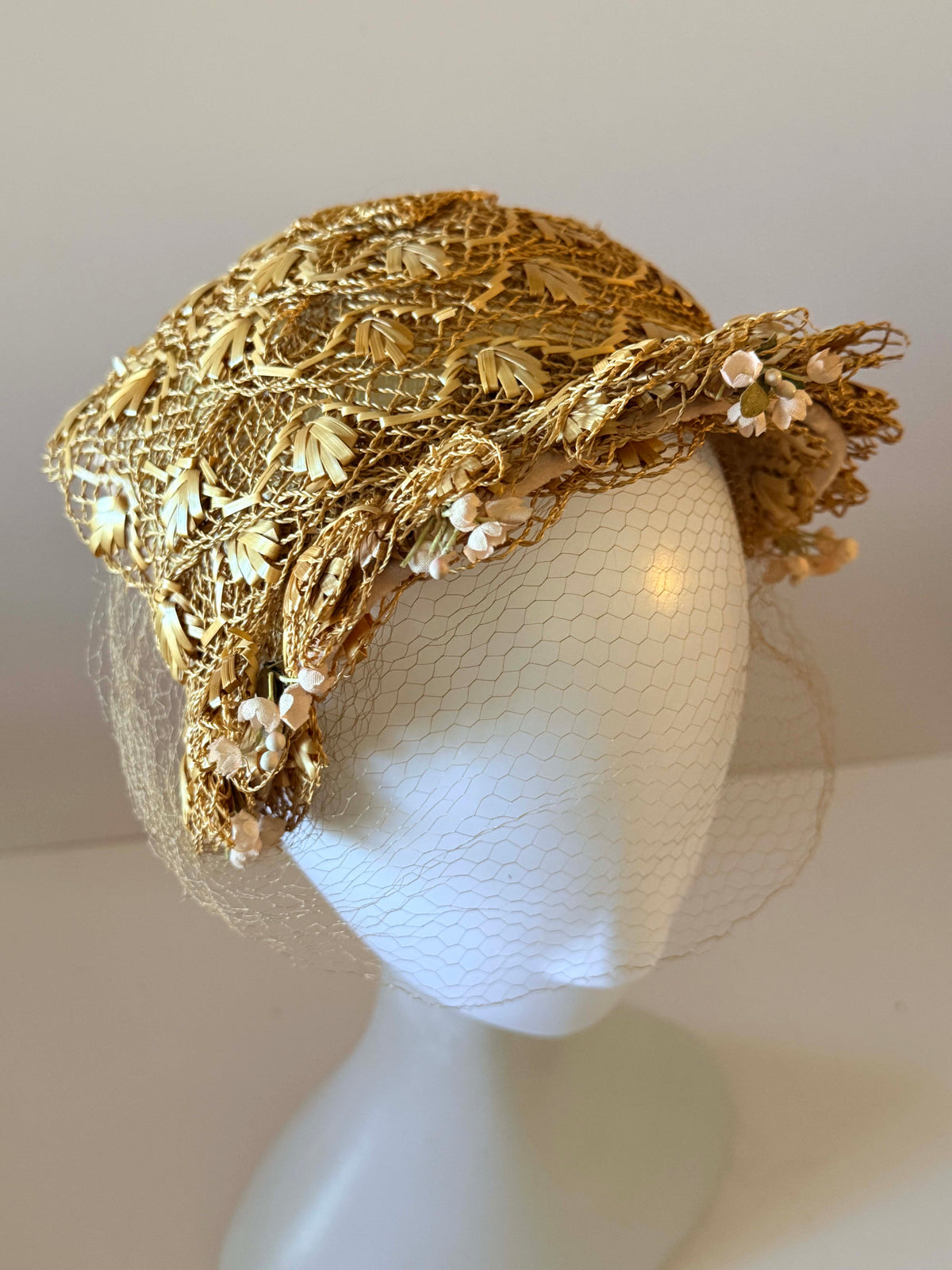 Vintage 1950s Gold Straw Half Hat with Birdcage Veil Ivory Flowers Wedding Bridal Fascinator Spring Garden Party Millinery