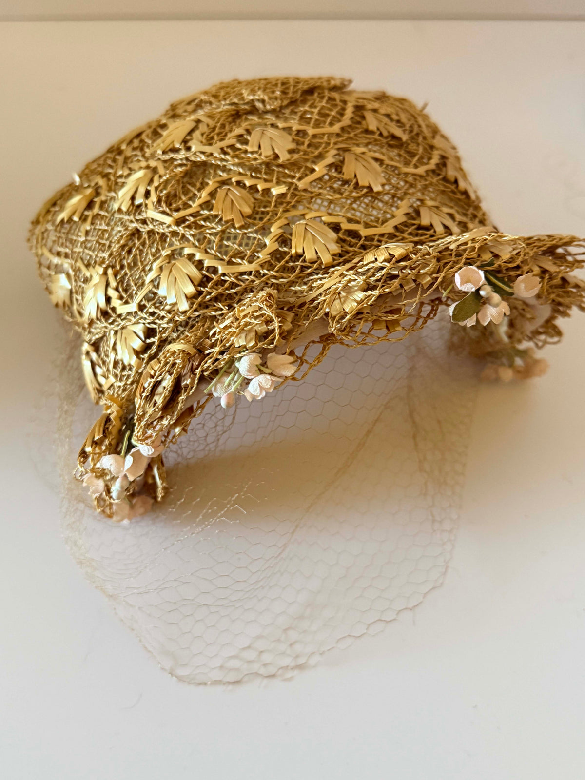 Vintage 1950s Gold Straw Half Hat with Birdcage Veil Ivory Flowers Wedding Bridal Fascinator Spring Garden Party Millinery
