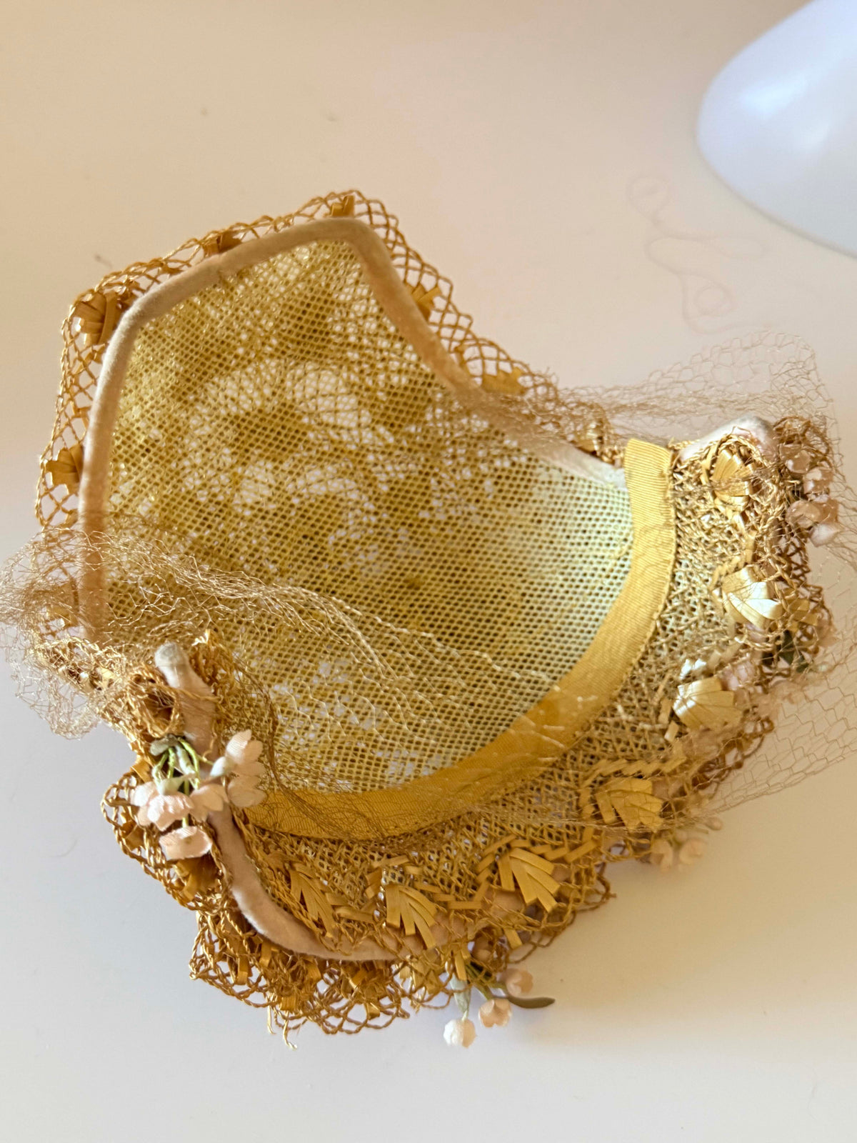 Vintage 1950s Gold Straw Half Hat with Birdcage Veil Ivory Flowers Wedding Bridal Fascinator Spring Garden Party Millinery