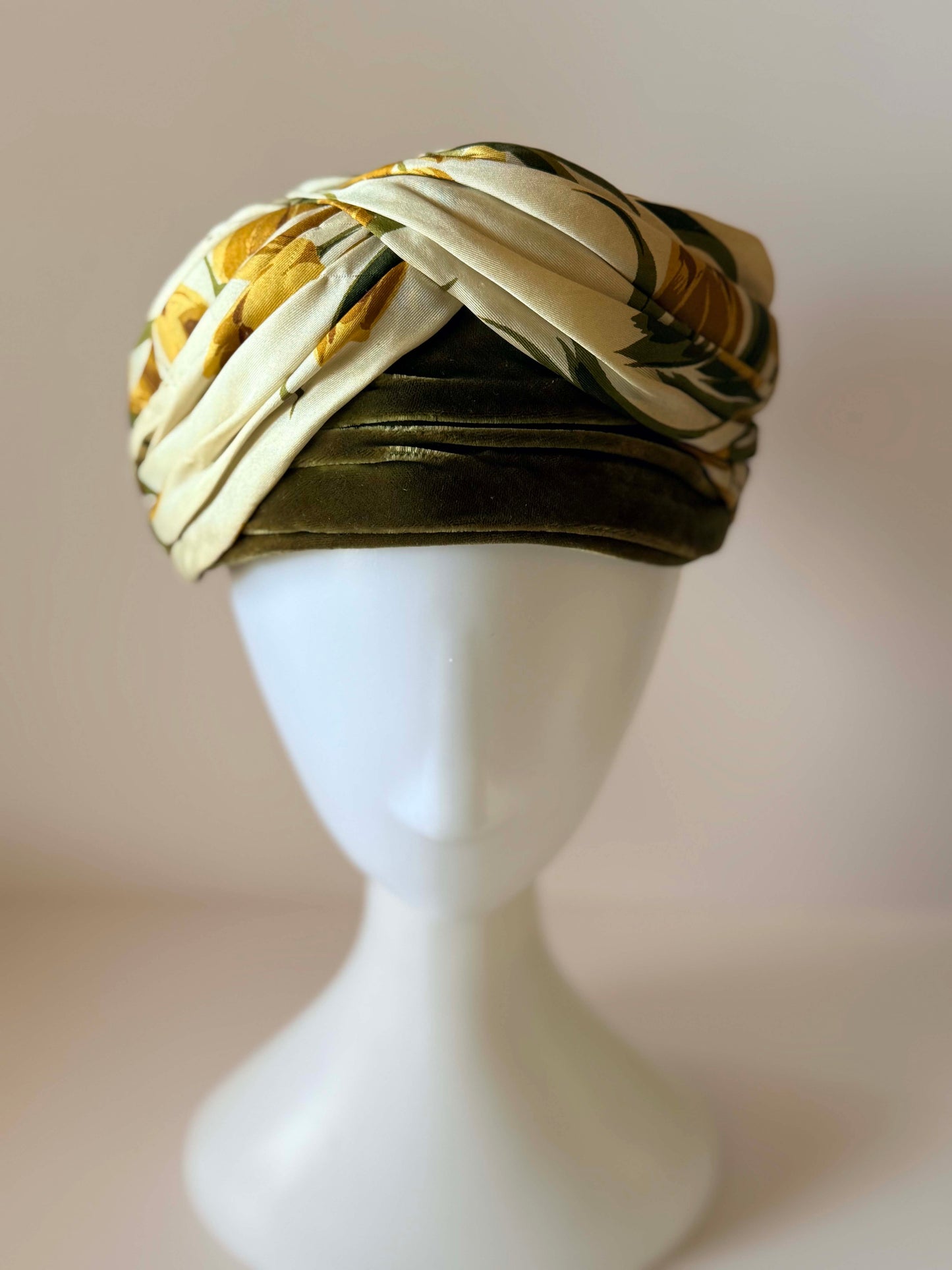 Vintage Sally Victor Floral Turban Hat | 1950s Silk Draped Cocktail Hat | Olive Green Satin Millinery