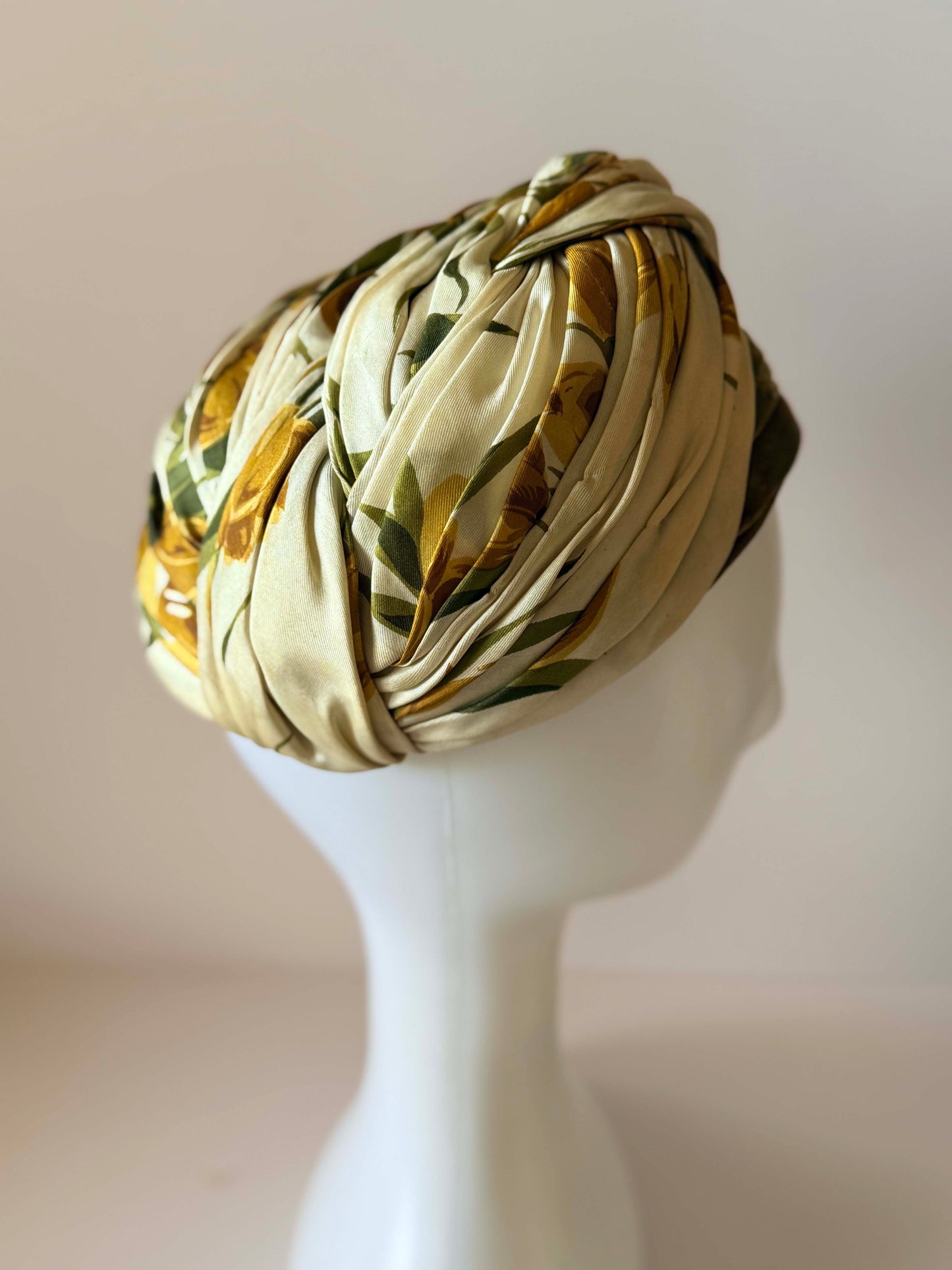 Vintage Sally Victor Floral Turban Hat | 1950s Silk Draped Cocktail Hat | Olive Green Satin Millinery