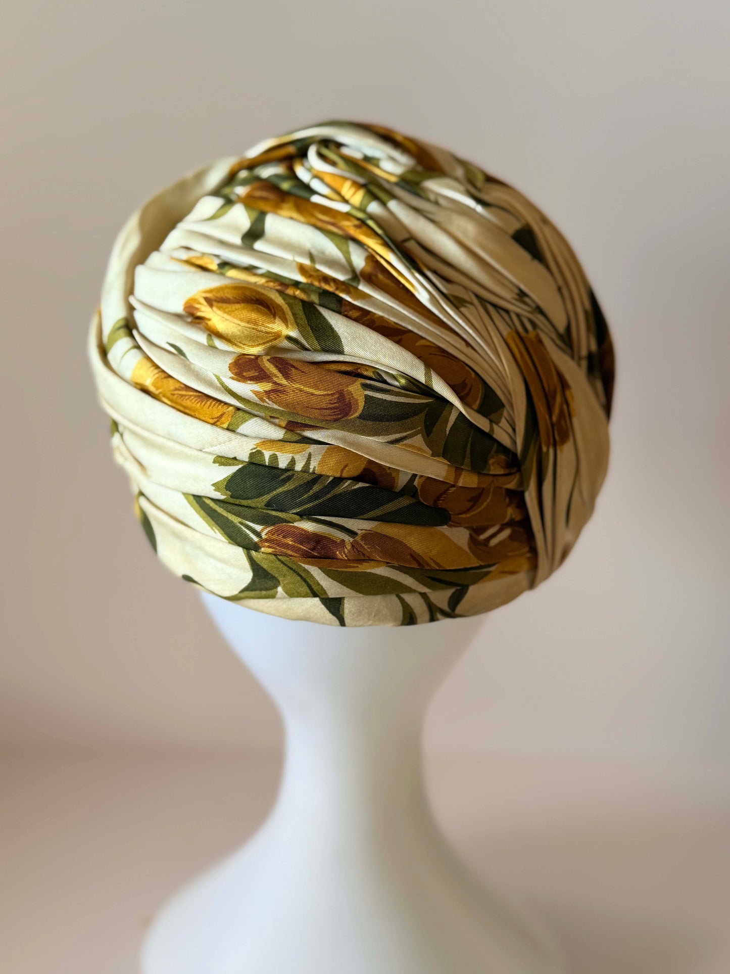 Vintage Sally Victor Floral Turban Hat | 1950s Silk Draped Cocktail Hat | Olive Green Satin Millinery