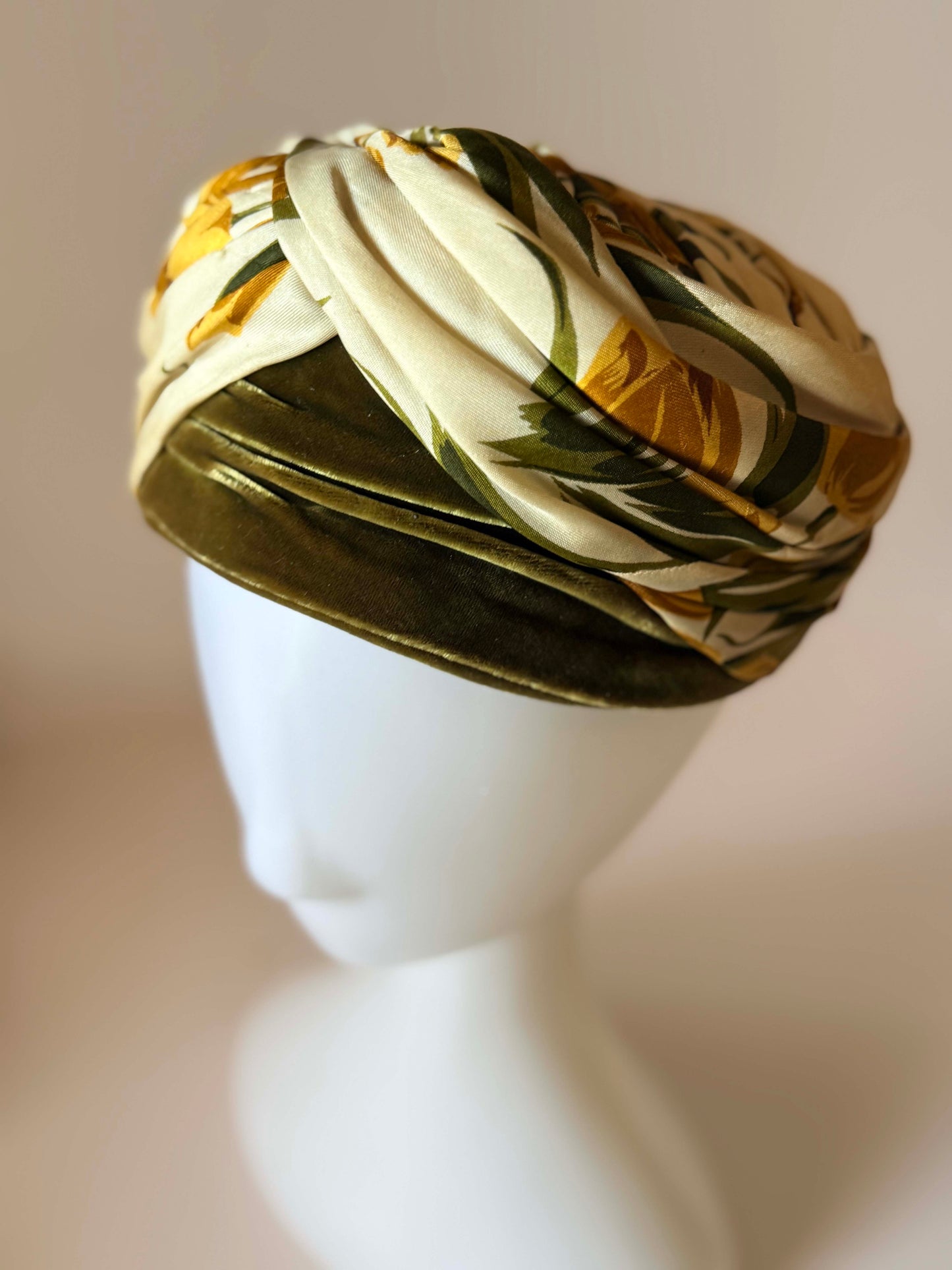 Vintage Sally Victor Floral Turban Hat | 1950s Silk Draped Cocktail Hat | Olive Green Satin Millinery