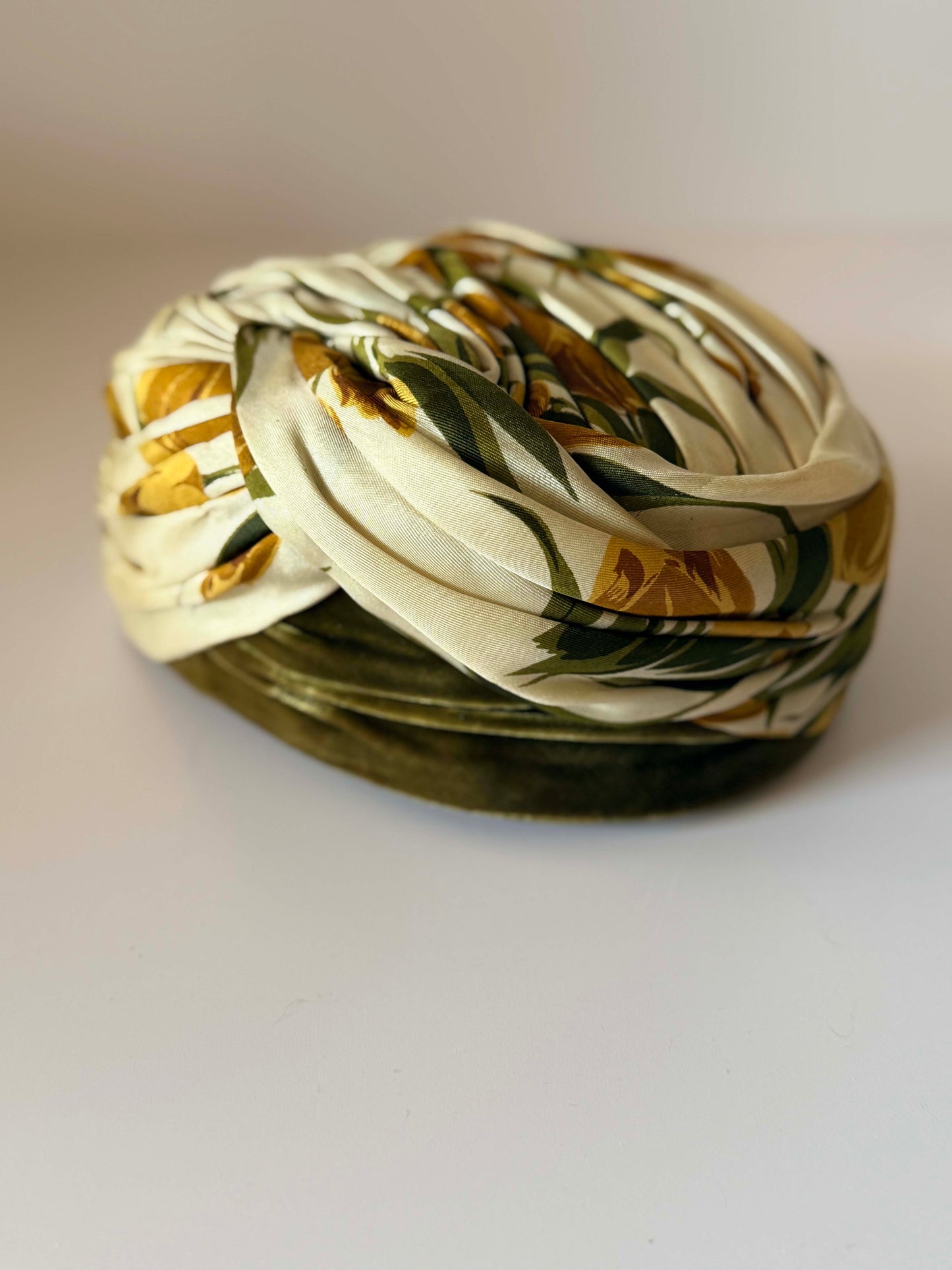 Vintage Sally Victor Floral Turban Hat | 1950s Silk Draped Cocktail Hat | Olive Green Satin Millinery