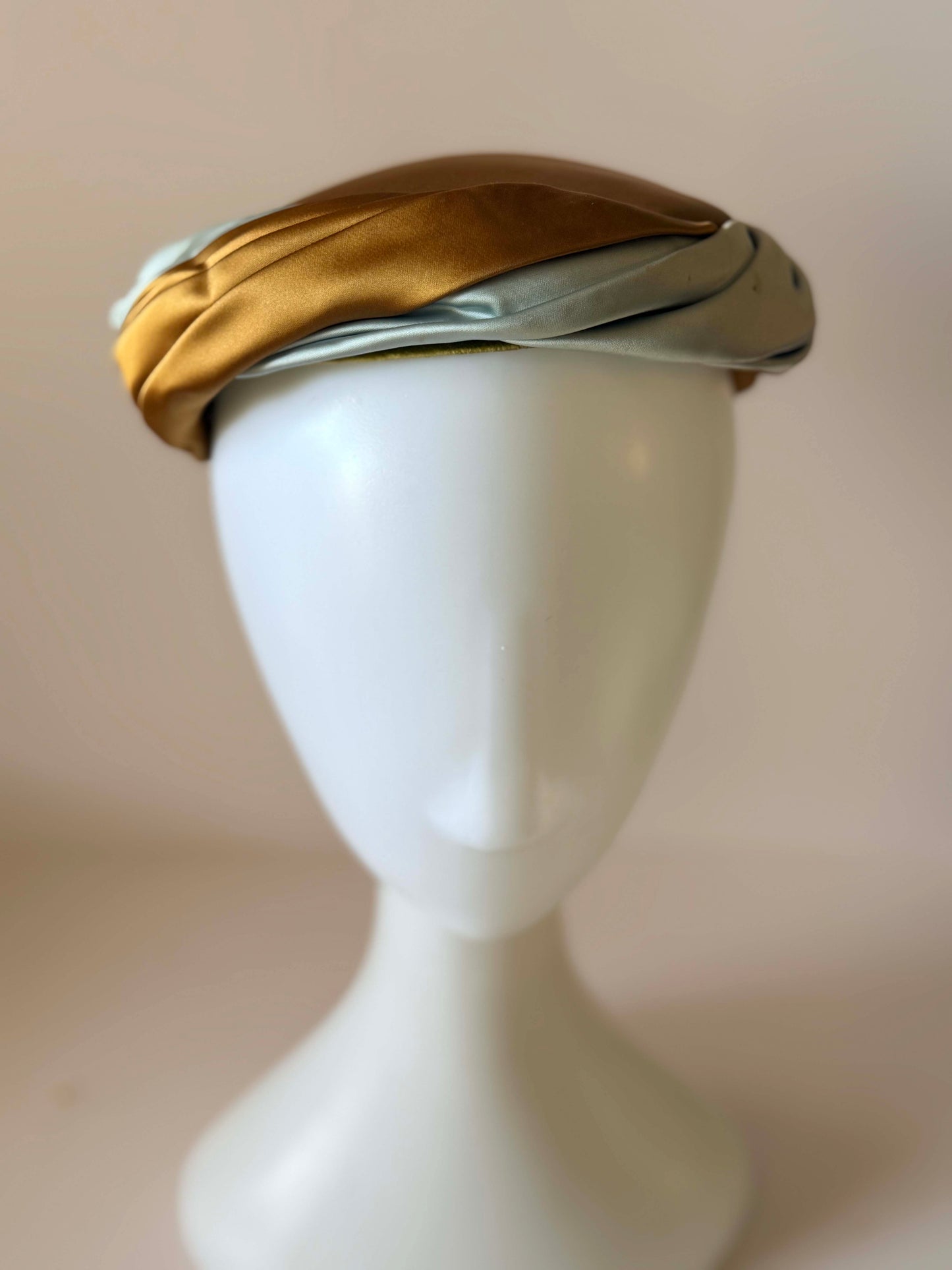 Vintage 1950s Satin Cocktail Hat | Gold and Ice Blue Draped Turban Hat | Mid Century Evening Millinery