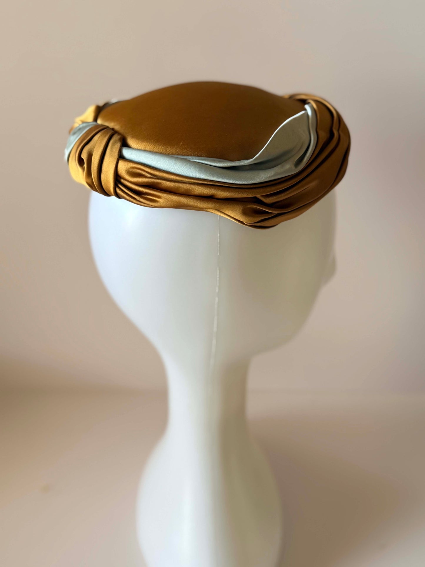 Vintage 1950s Satin Cocktail Hat | Gold and Ice Blue Draped Turban Hat | Mid Century Evening Millinery
