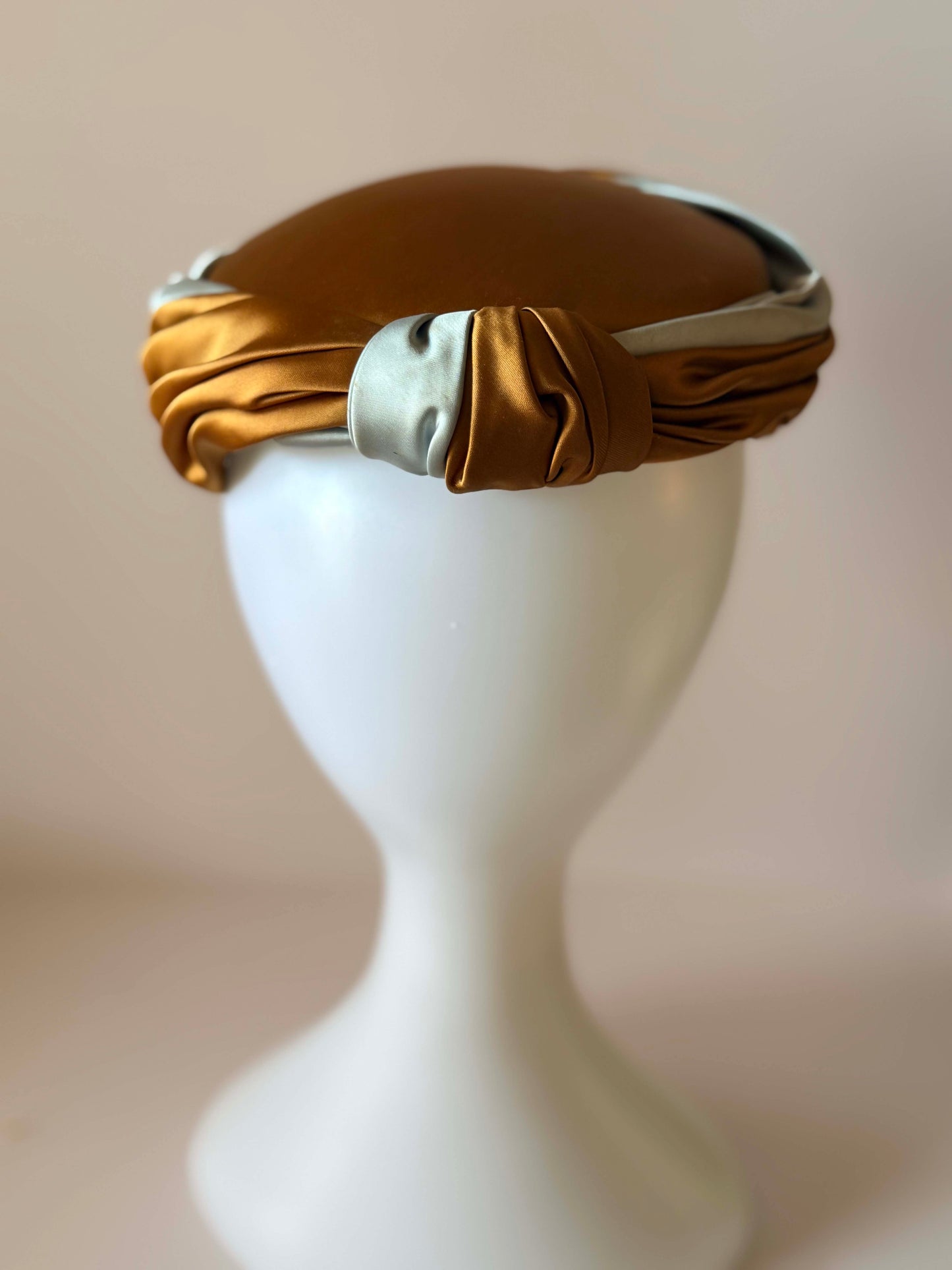 Vintage 1950s Satin Cocktail Hat | Gold and Ice Blue Draped Turban Hat | Mid Century Evening Millinery
