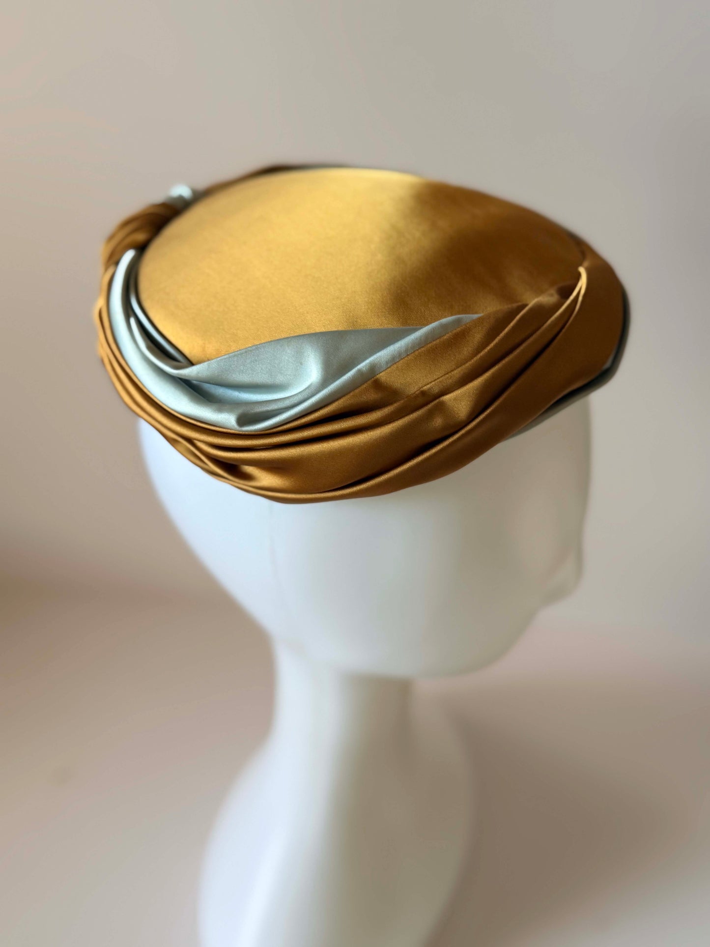 Vintage 1950s Satin Cocktail Hat | Gold and Ice Blue Draped Turban Hat | Mid Century Evening Millinery