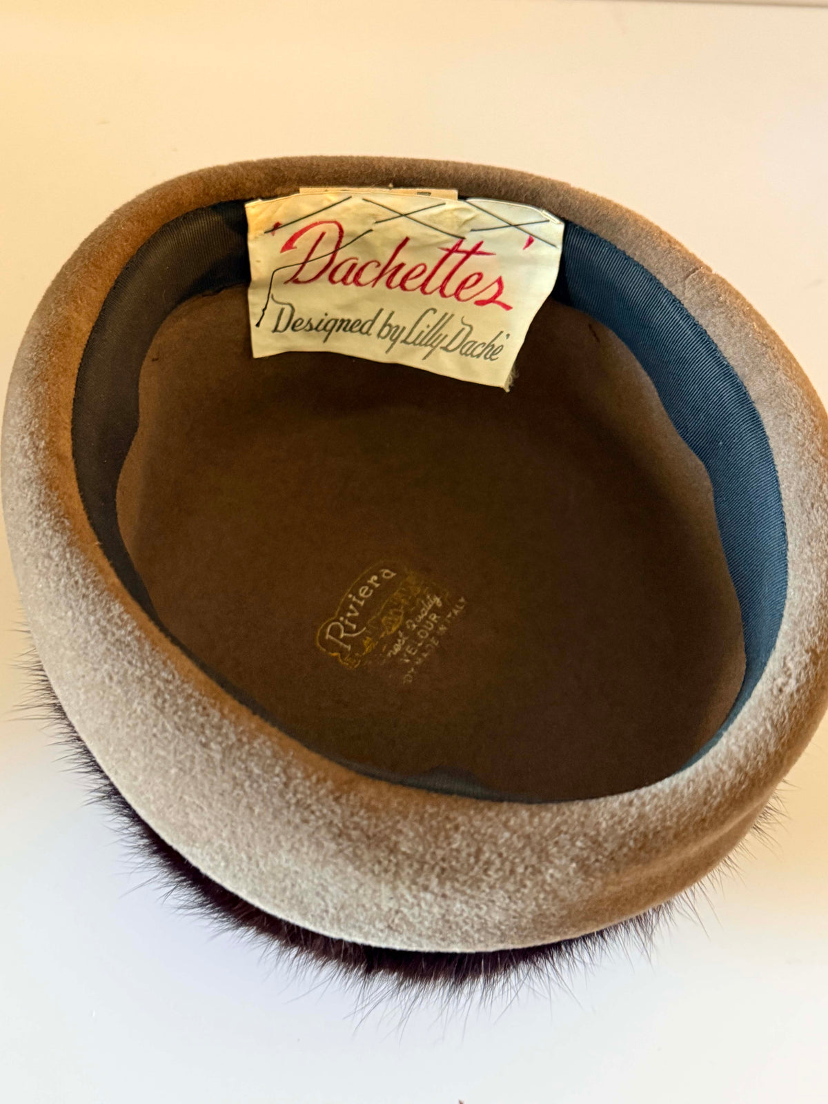 Vintage Lilly Daché Dachettes 1960s Taupe Wool Felt Pillbox Hat Dark Brown Fur Trim Designer Mid Century Winter Millinery