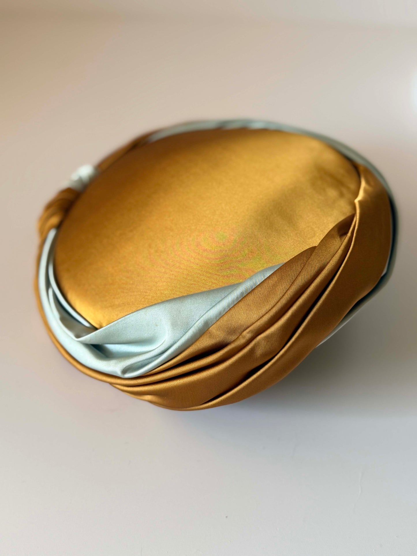 Vintage 1950s Satin Cocktail Hat | Gold and Ice Blue Draped Turban Hat | Mid Century Evening Millinery