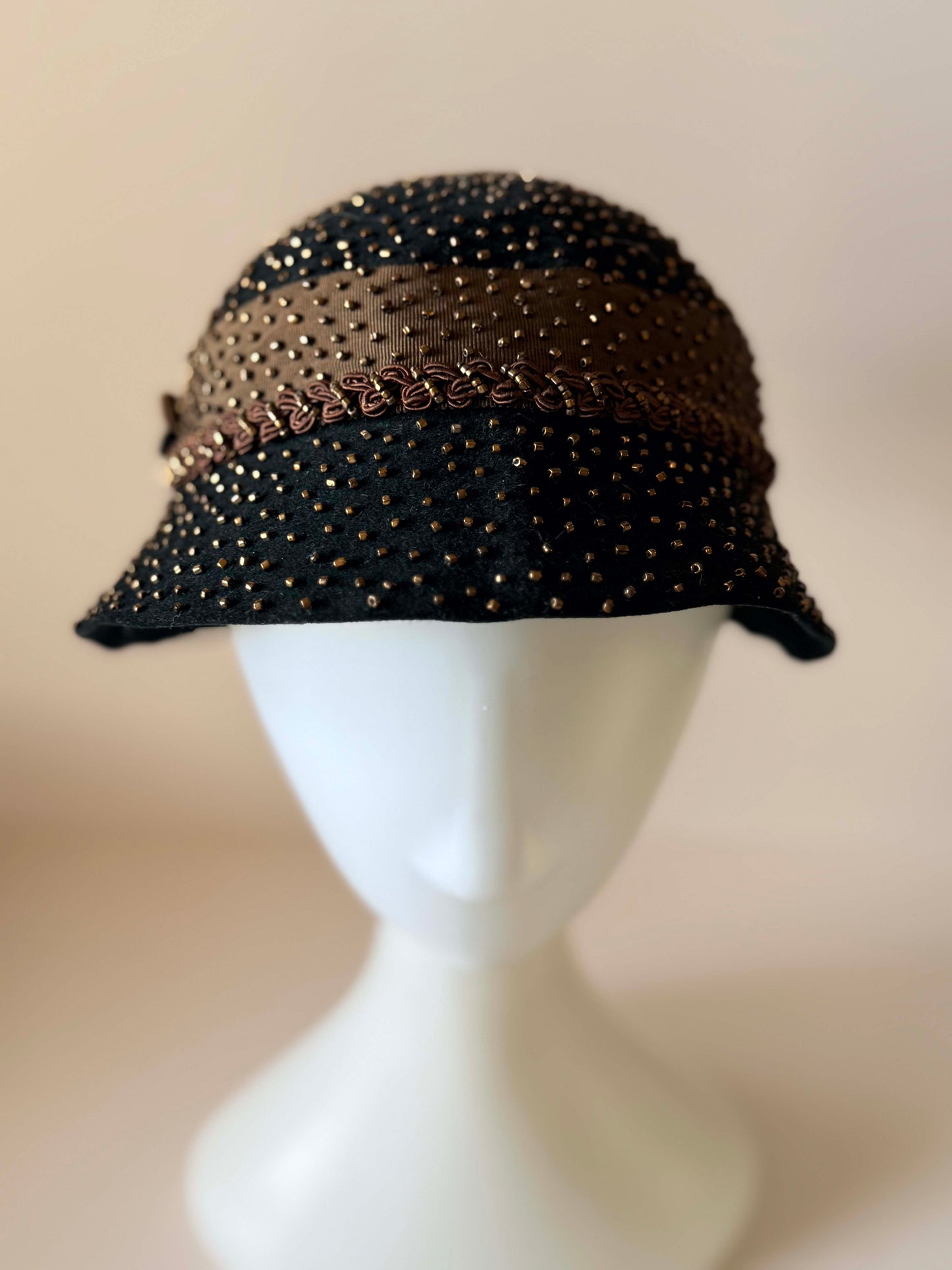 Vintage 1950s Black Beaded Cloche Hat | Studded Wool Felt Cocktail Hat | Mid Century Avant Garde Millinery