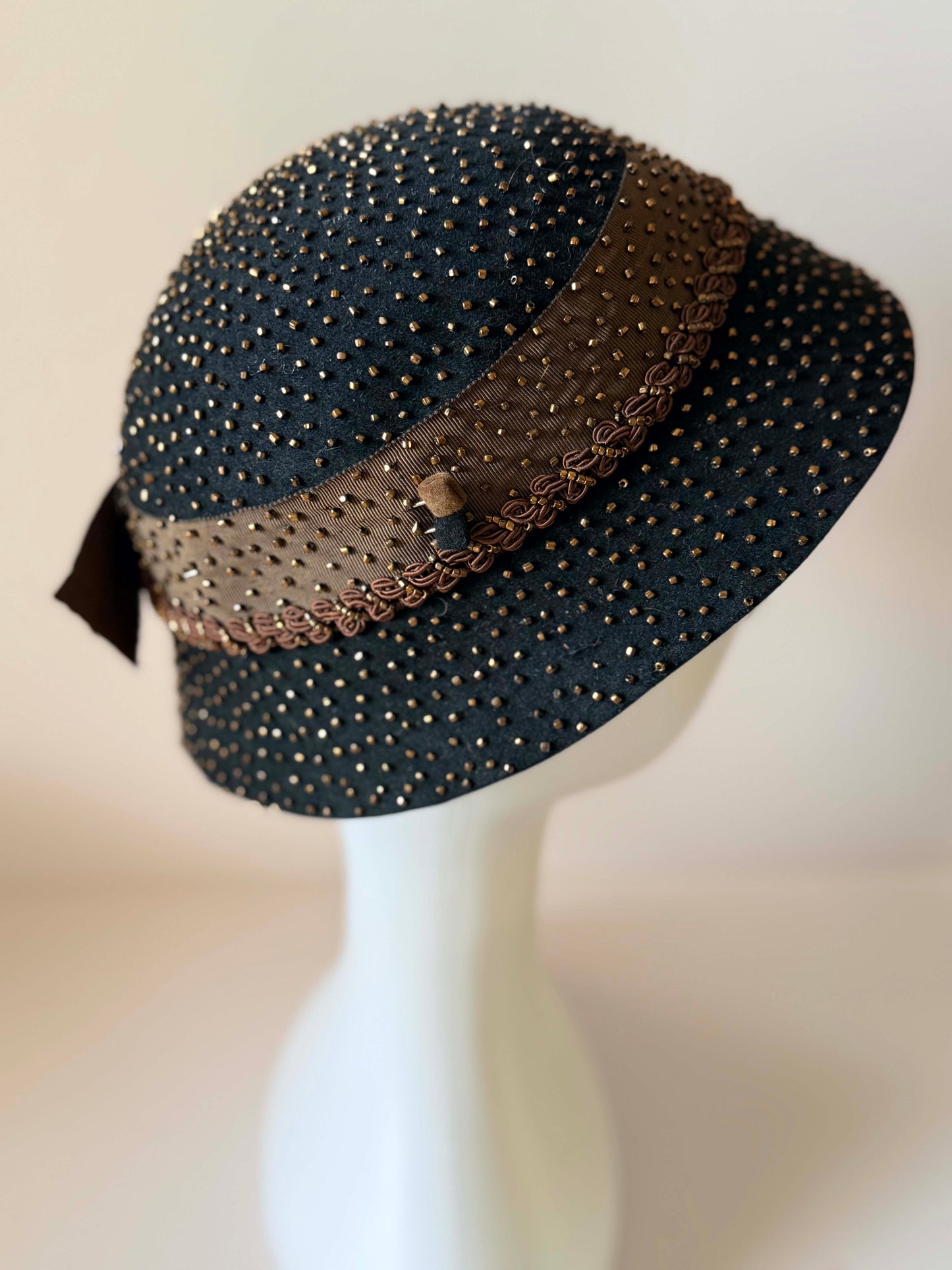 Vintage 1950s Black Beaded Cloche Hat | Studded Wool Felt Cocktail Hat | Mid Century Avant Garde Millinery