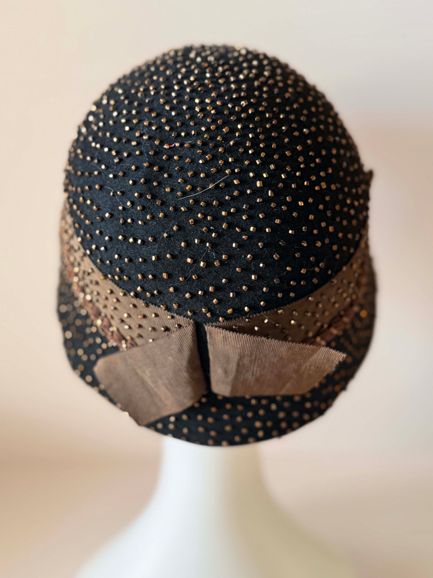 Vintage 1950s Black Beaded Cloche Hat | Studded Wool Felt Cocktail Hat | Mid Century Avant Garde Millinery