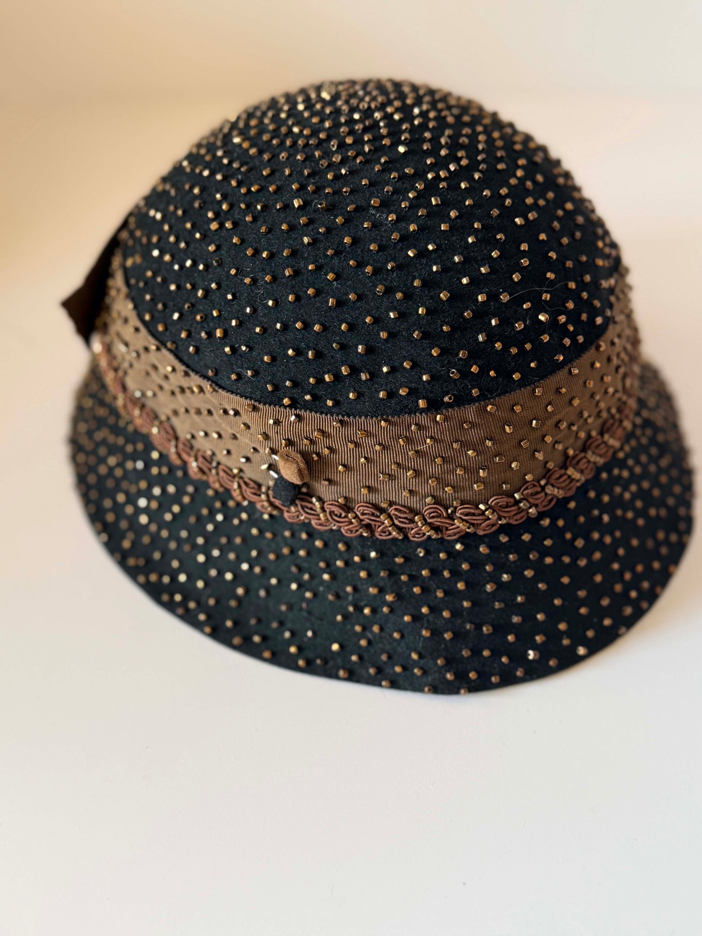 Vintage 1950s Black Beaded Cloche Hat | Studded Wool Felt Cocktail Hat | Mid Century Avant Garde Millinery