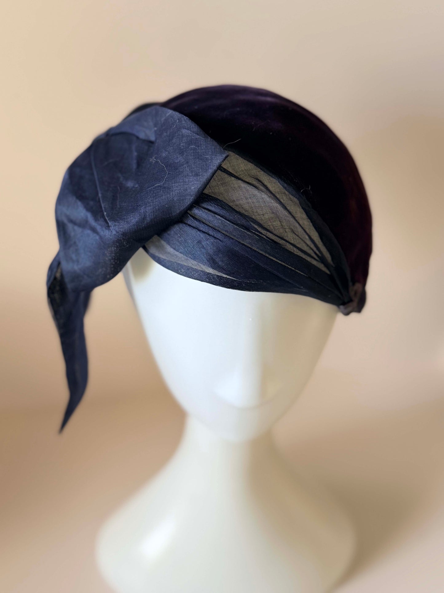 Vintage 1940s Beatrice Martin Velvet Cocktail Hat | Plum Velvet & Navy Sheer Draped Fascinator | WWII Era Millinery