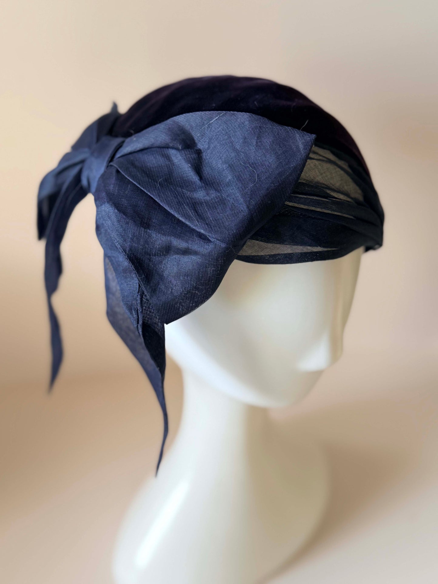 Vintage 1940s Beatrice Martin Velvet Cocktail Hat | Plum Velvet & Navy Sheer Draped Fascinator | WWII Era Millinery
