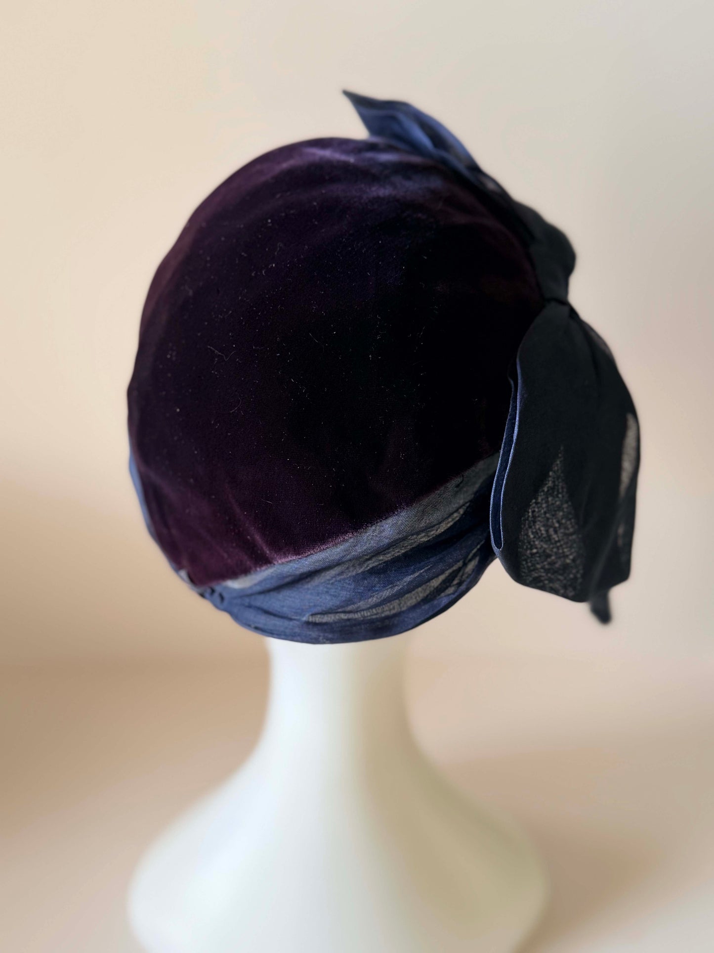 Vintage 1940s Beatrice Martin Velvet Cocktail Hat | Plum Velvet & Navy Sheer Draped Fascinator | WWII Era Millinery