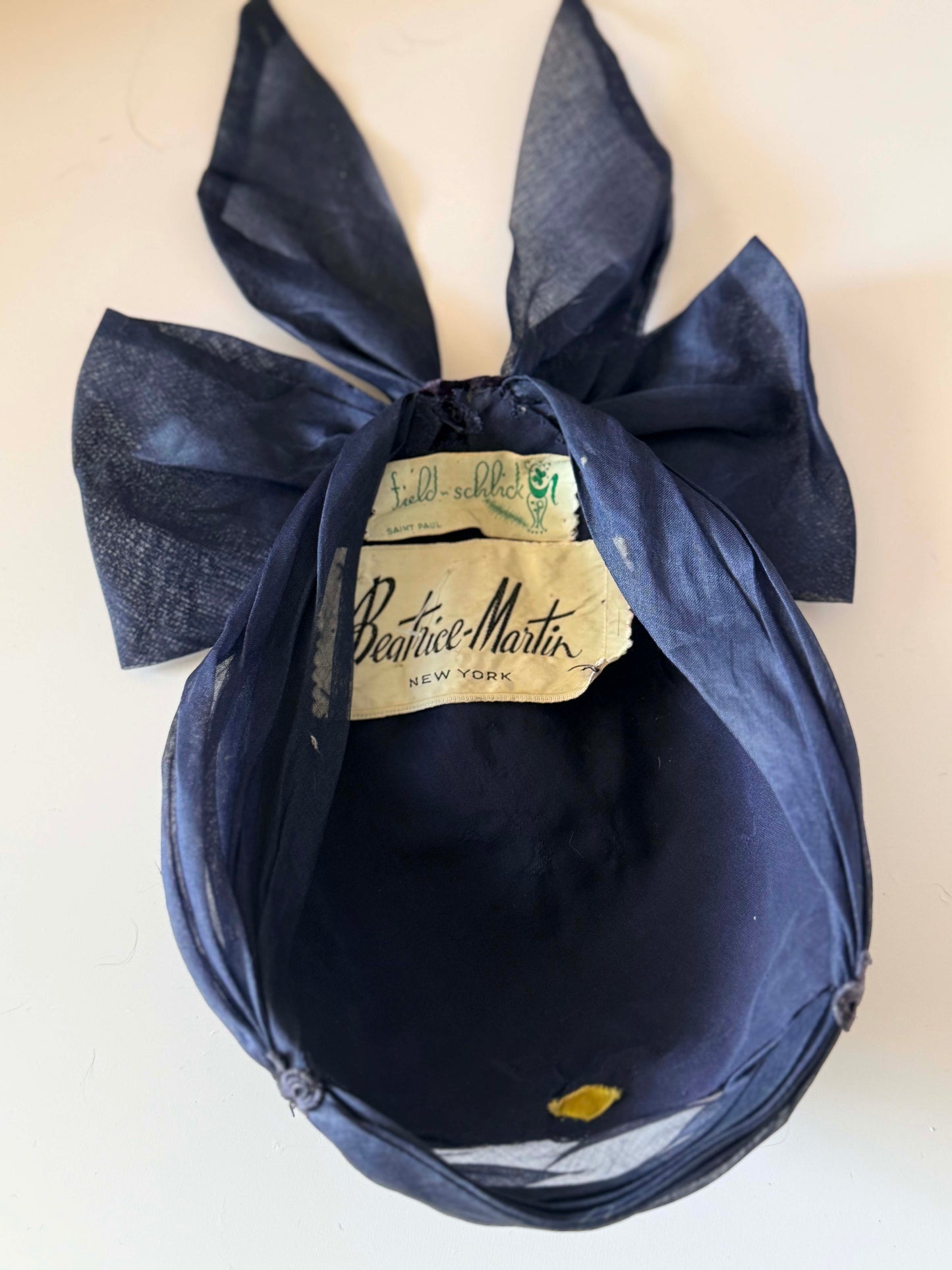 Vintage 1940s Beatrice Martin Velvet Cocktail Hat | Plum Velvet & Navy Sheer Draped Fascinator | WWII Era Millinery