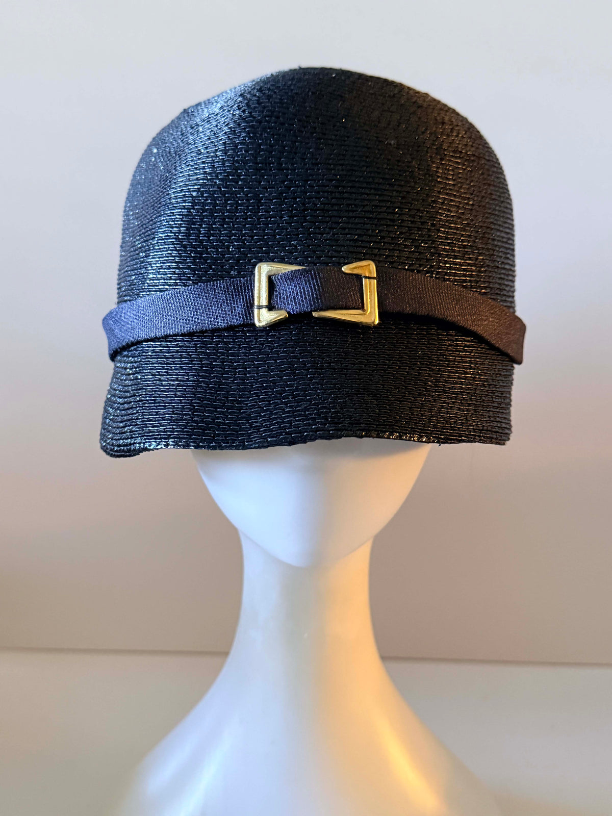 Vintage 1960s Inky Blue Black Straw Cloche Hat Navy Ribbon Gold Buckle Structured Brim Retro Women's Millinery