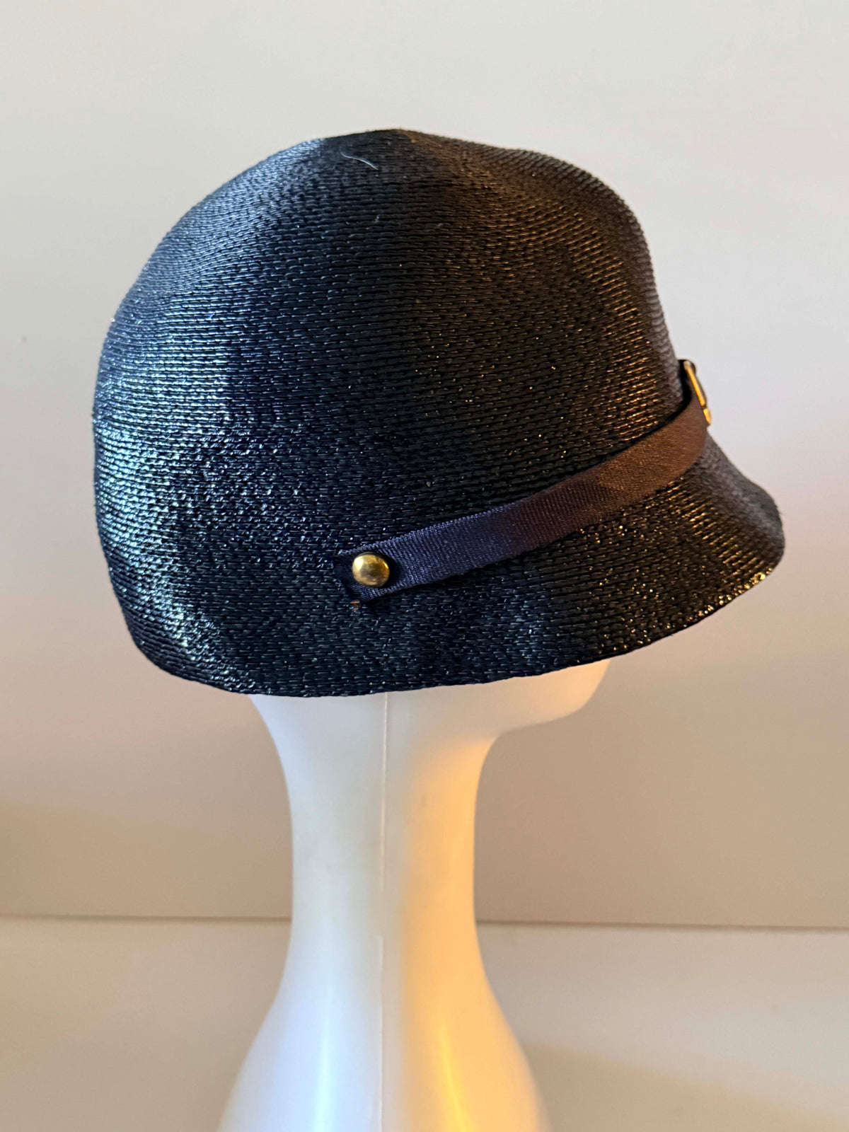 Vintage 1960s Inky Blue Black Straw Cloche Hat Navy Ribbon Gold Buckle Structured Brim Retro Women's Millinery