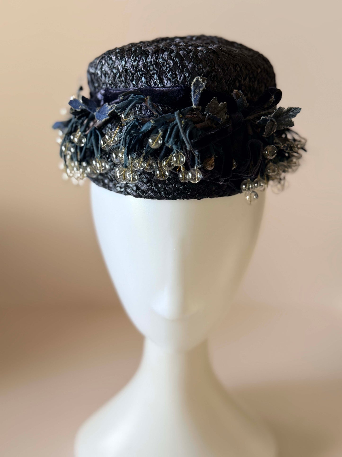 Vintage 1950s Black Raffia Cocktail Hat | Beaded Berry Trim Fascinator | Sculptural Mid Century Millinery
