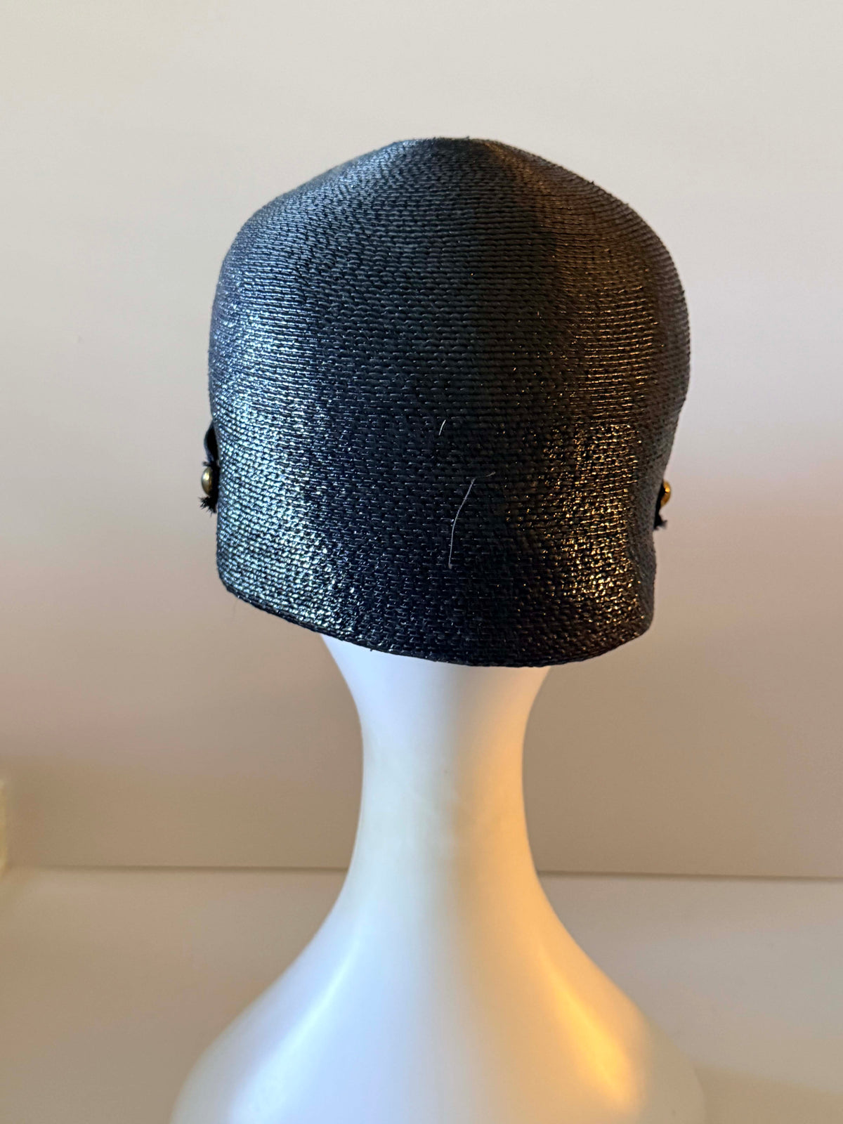 Vintage 1960s Inky Blue Black Straw Cloche Hat Navy Ribbon Gold Buckle Structured Brim Retro Women's Millinery
