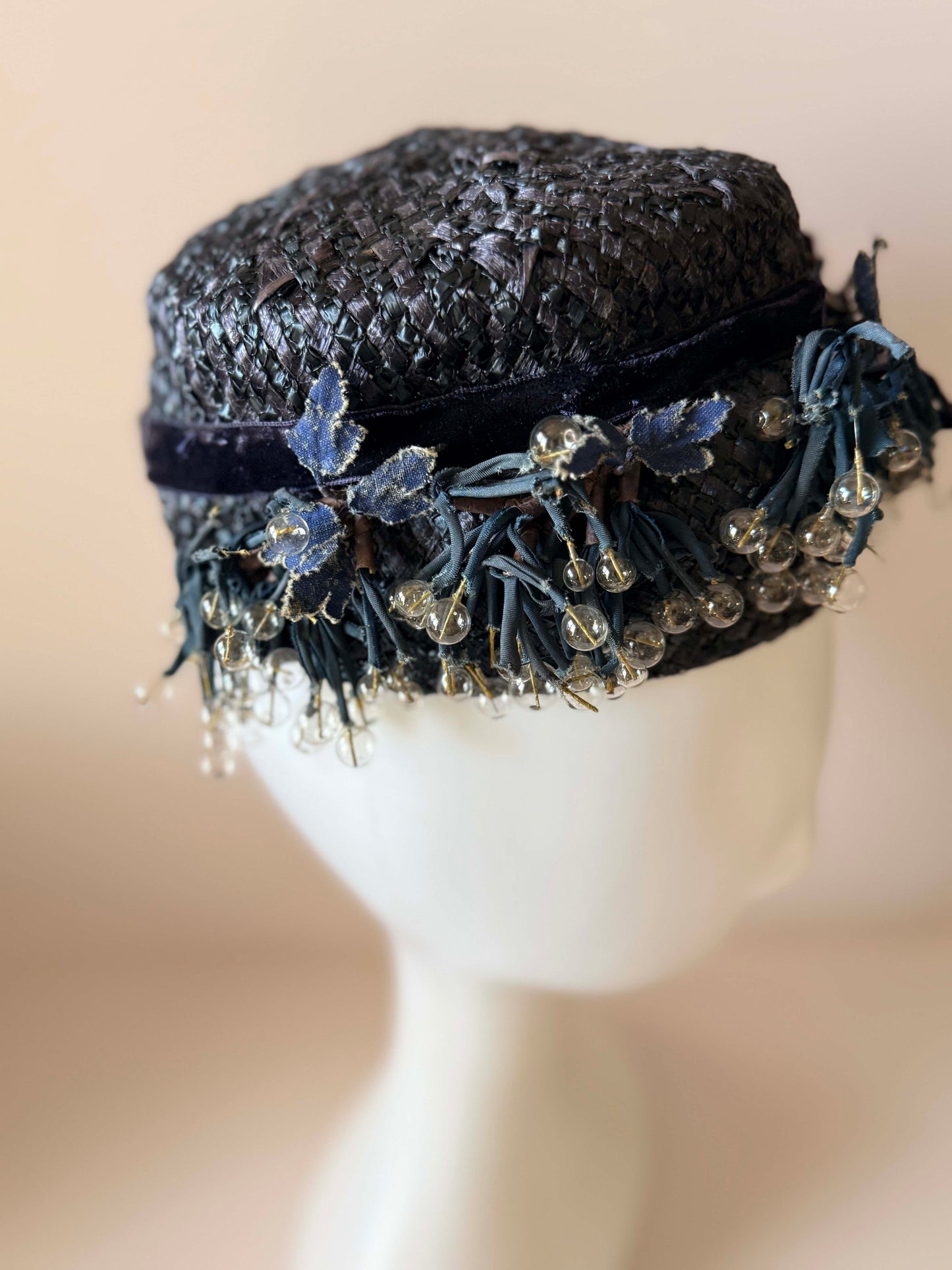 Vintage 1950s Black Raffia Cocktail Hat | Beaded Berry Trim Fascinator | Sculptural Mid Century Millinery
