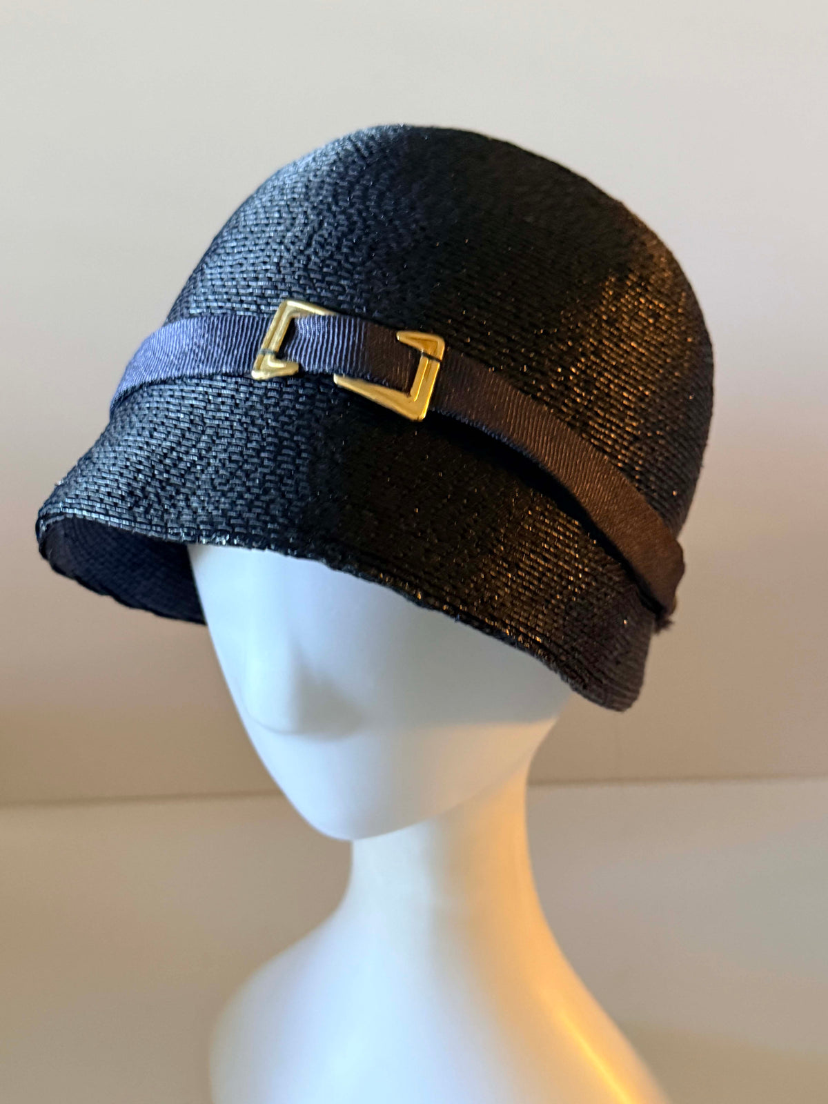 Vintage 1960s Inky Blue Black Straw Cloche Hat Navy Ribbon Gold Buckle Structured Brim Retro Women's Millinery