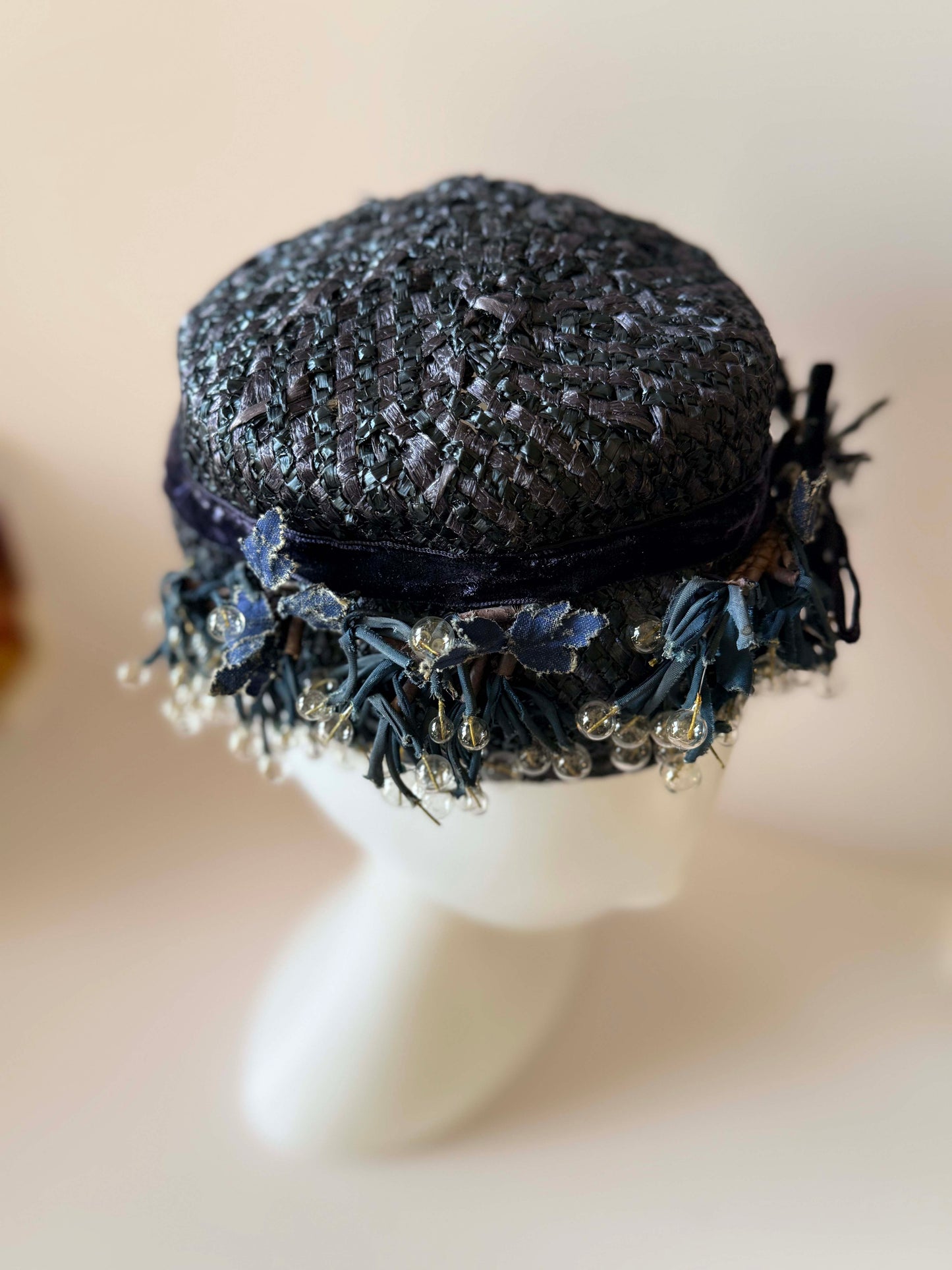 Vintage 1950s Black Raffia Cocktail Hat | Beaded Berry Trim Fascinator | Sculptural Mid Century Millinery