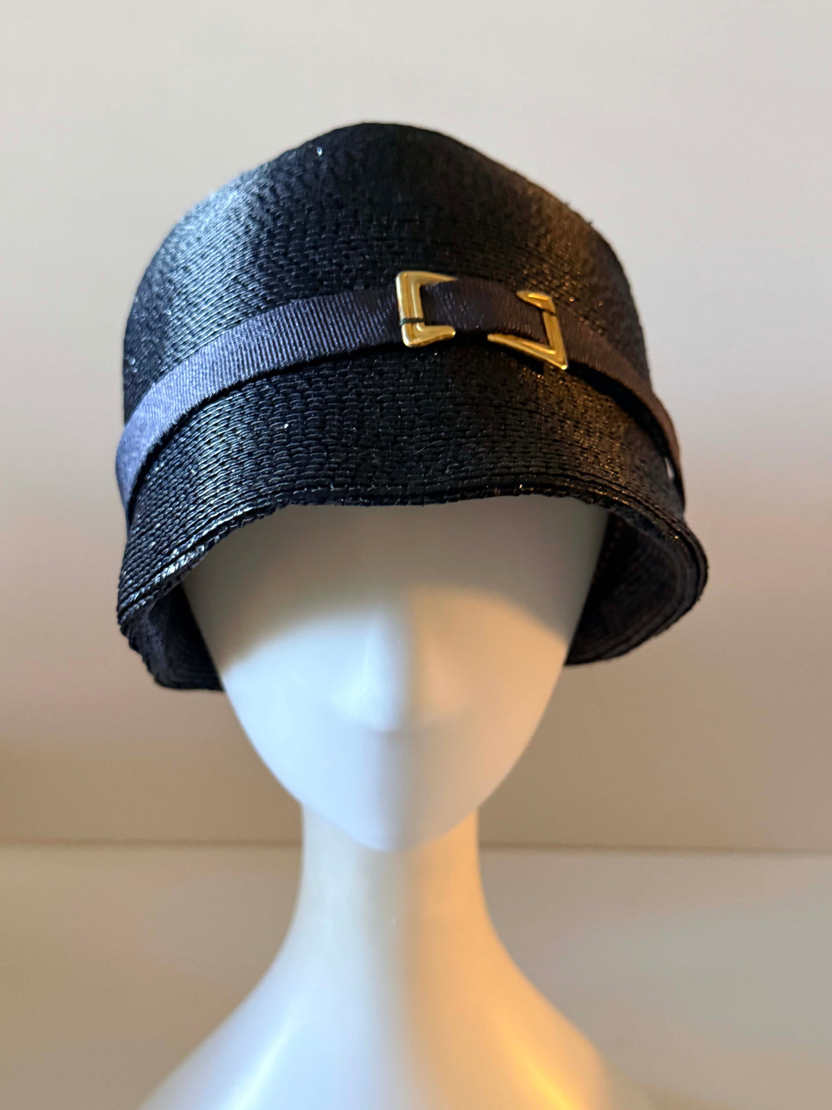Vintage 1960s Inky Blue Black Straw Cloche Hat Navy Ribbon Gold Buckle Structured Brim Retro Women's Millinery