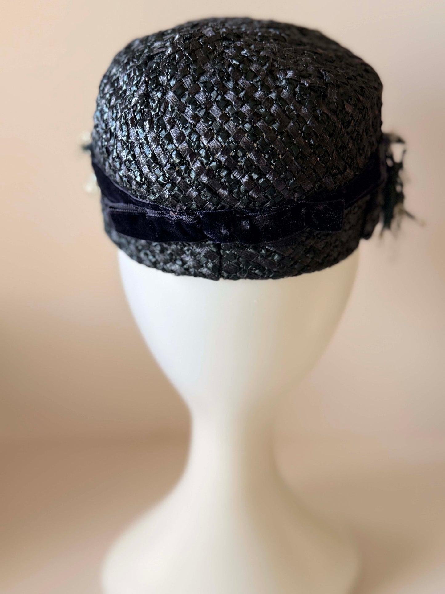 Vintage 1950s Black Raffia Cocktail Hat | Beaded Berry Trim Fascinator | Sculptural Mid Century Millinery