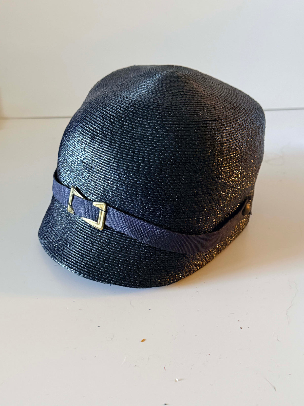 Vintage 1960s Inky Blue Black Straw Cloche Hat Navy Ribbon Gold Buckle Structured Brim Retro Women's Millinery