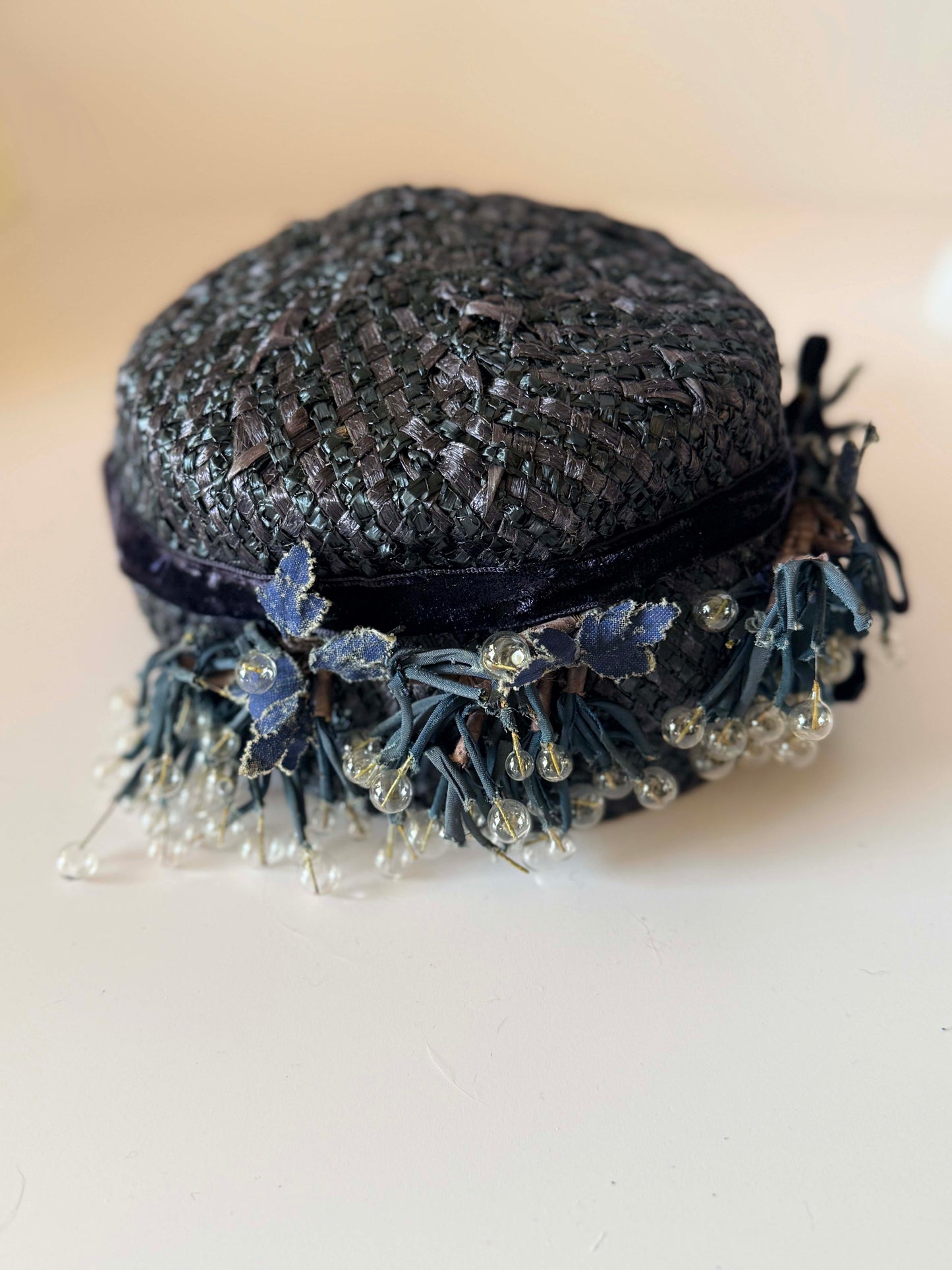 Vintage 1950s Black Raffia Cocktail Hat | Beaded Berry Trim Fascinator | Sculptural Mid Century Millinery