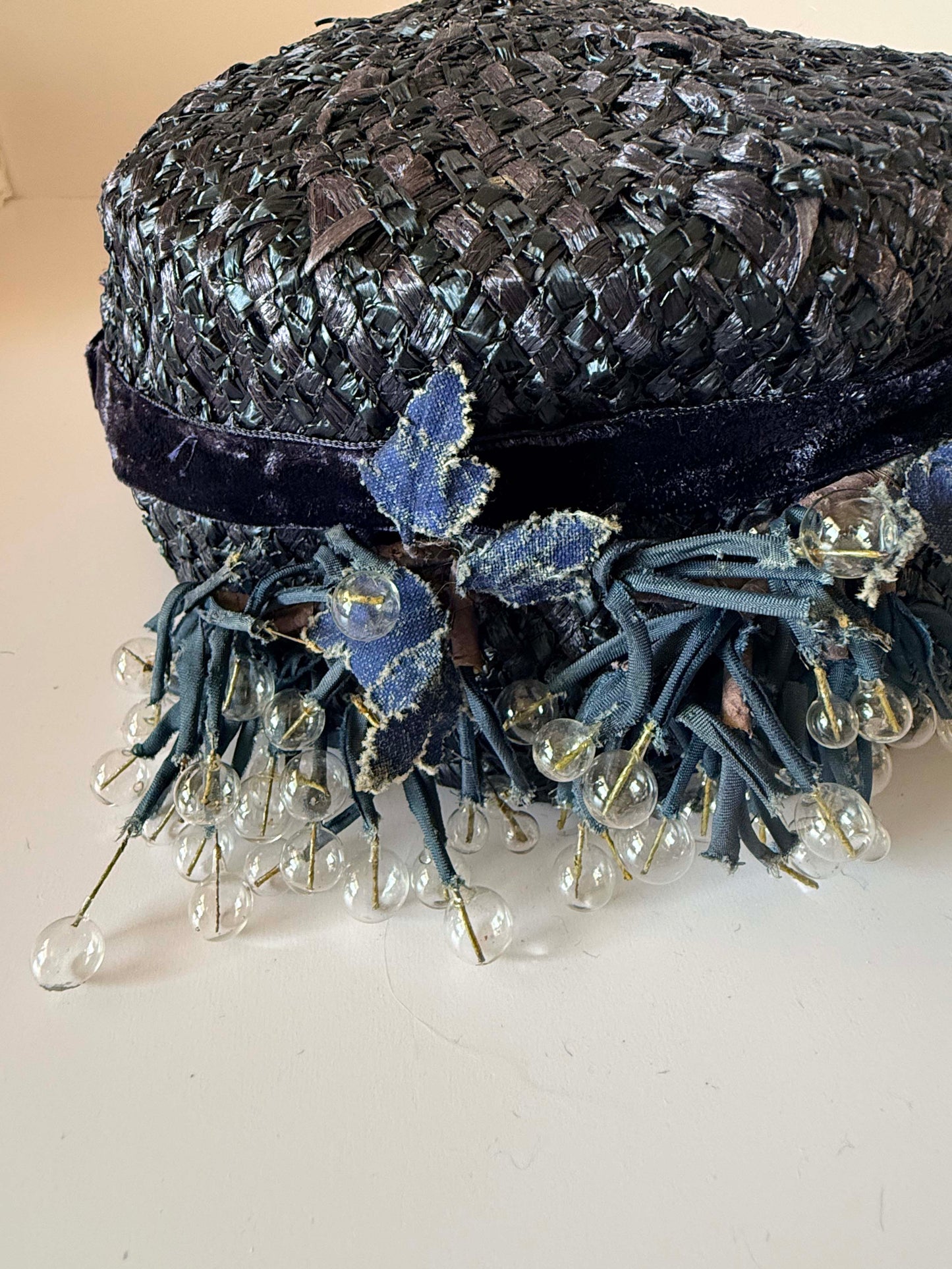 Vintage 1950s Black Raffia Cocktail Hat | Beaded Berry Trim Fascinator | Sculptural Mid Century Millinery