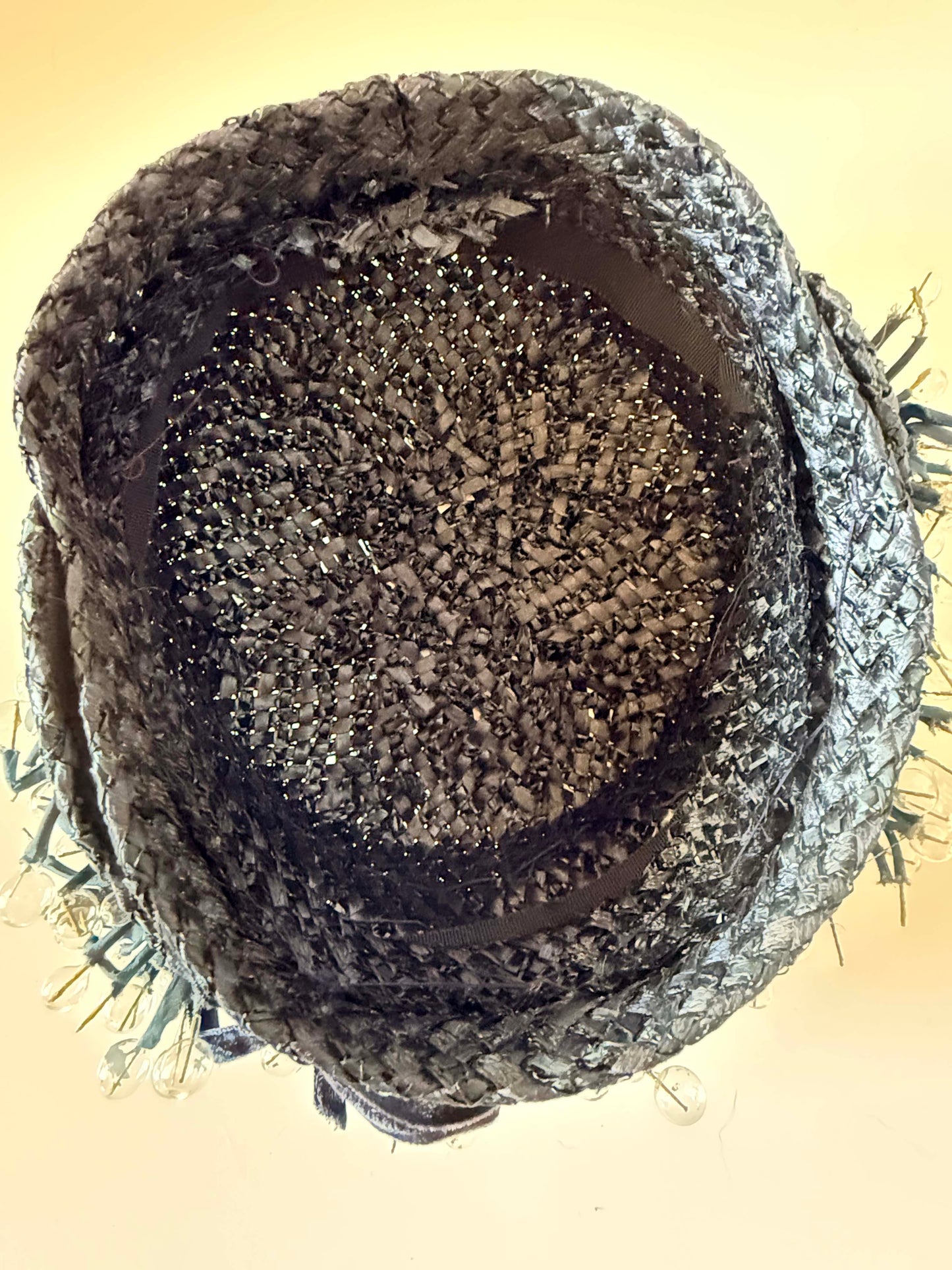 Vintage 1950s Black Raffia Cocktail Hat | Beaded Berry Trim Fascinator | Sculptural Mid Century Millinery
