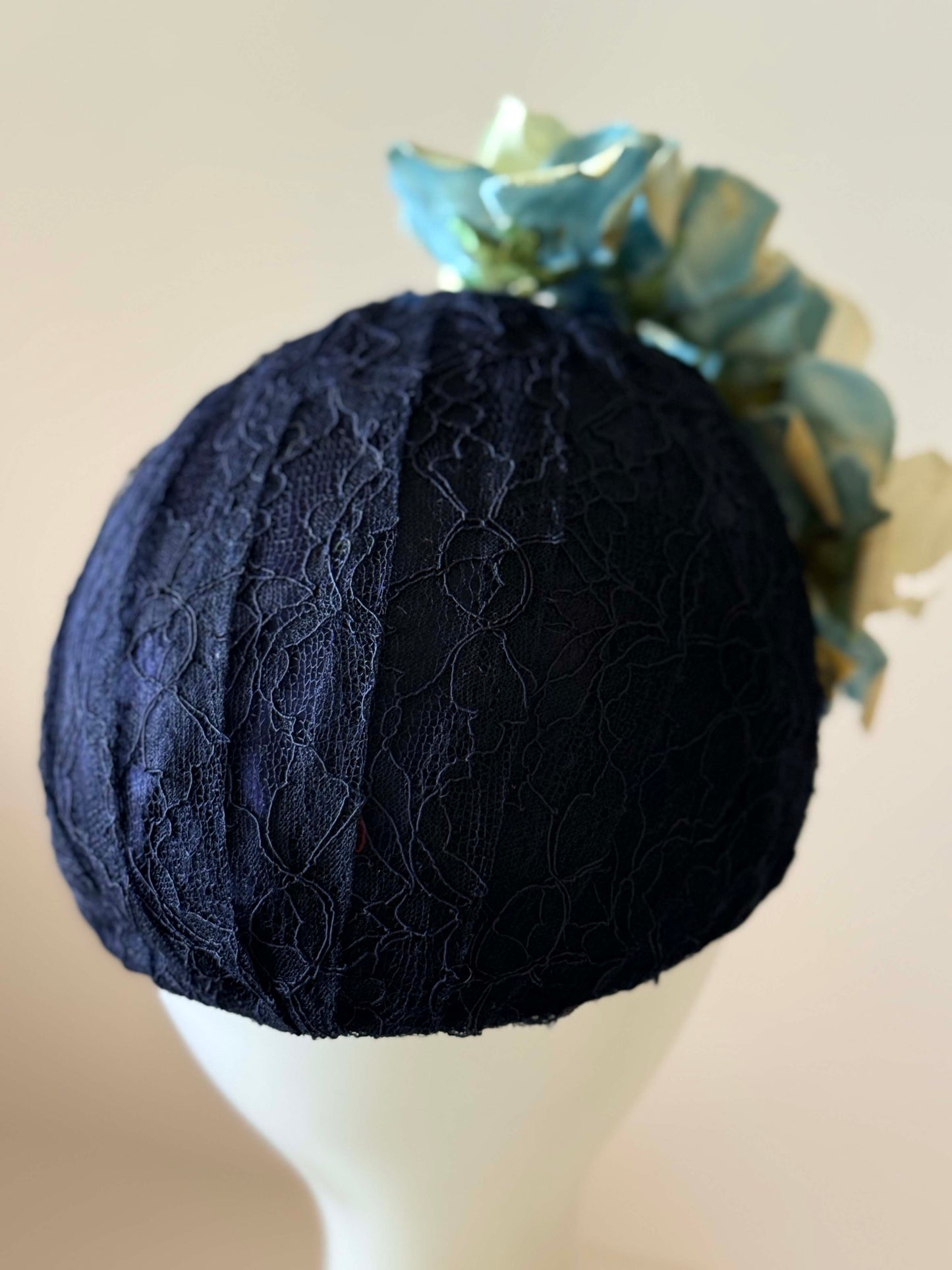 Vintage 1950s Navy Floral Cocktail Hat | Sculptural Blue Flower Fascinator | Mid Century Half Hat Millinery