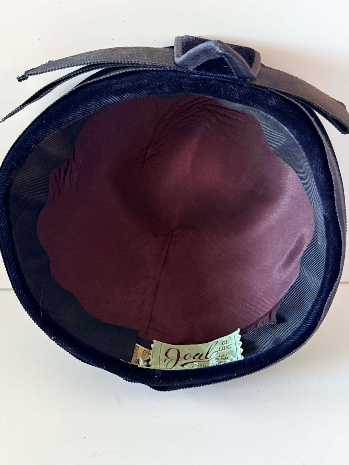 Vintage 1950s Joul de Luxe Black Pillbox Hat Velvet Shield Grosgrain Ribbon Mid Century Cocktail Hat Retro Millinery