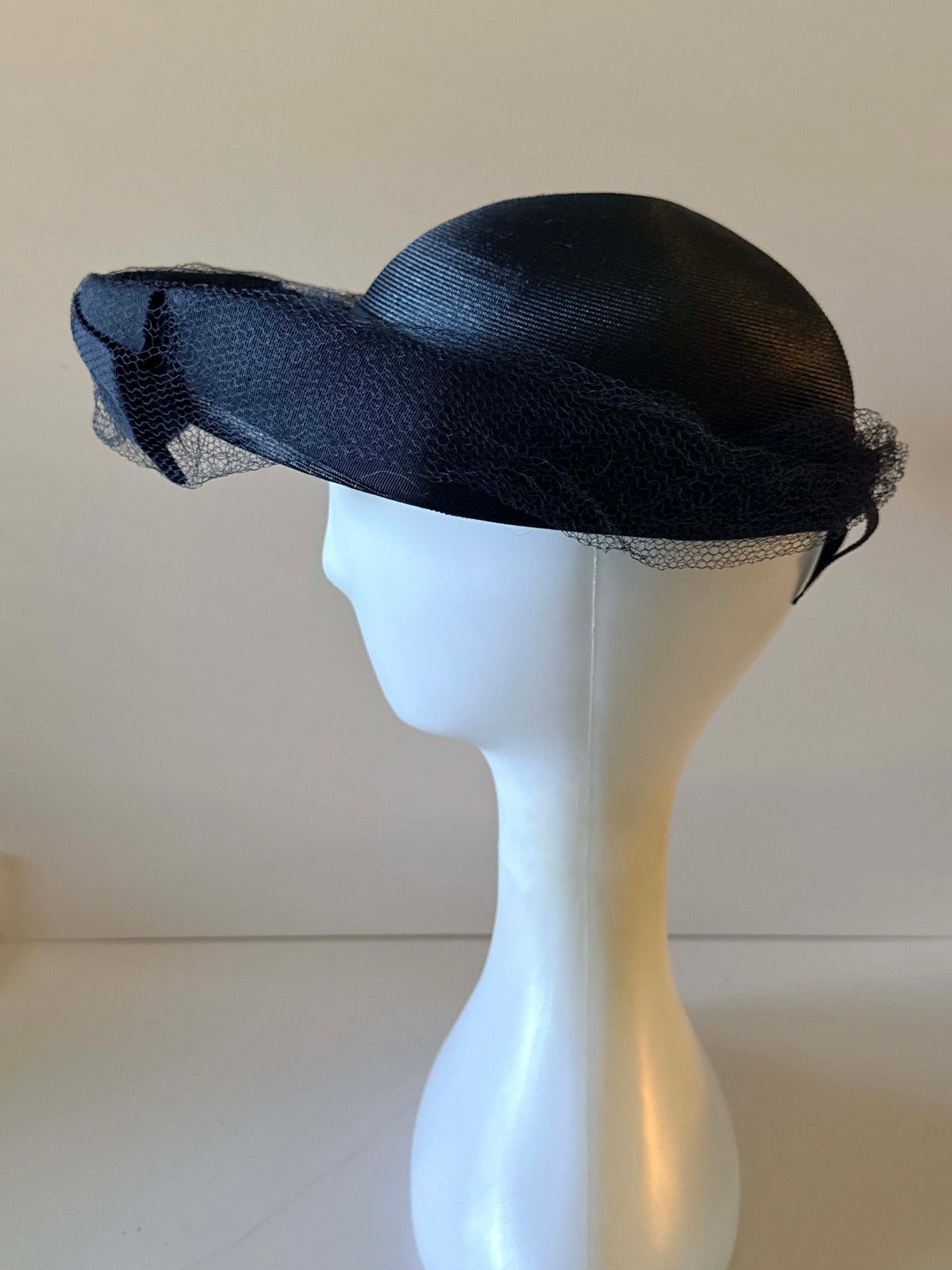 Vintage 1950s Gage Navy Blue Derby Hat Large Grosgrain Bow Veil Mid Century Saucer Hat Designer Millinery