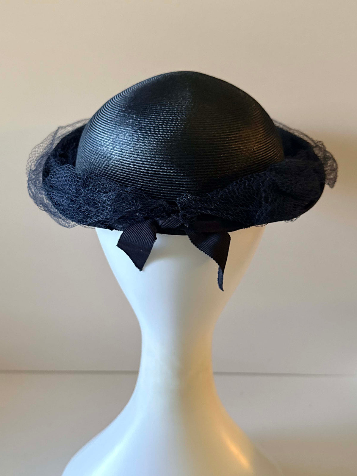 Vintage 1950s Gage Navy Blue Derby Hat Large Grosgrain Bow Veil Mid Century Saucer Hat Designer Millinery