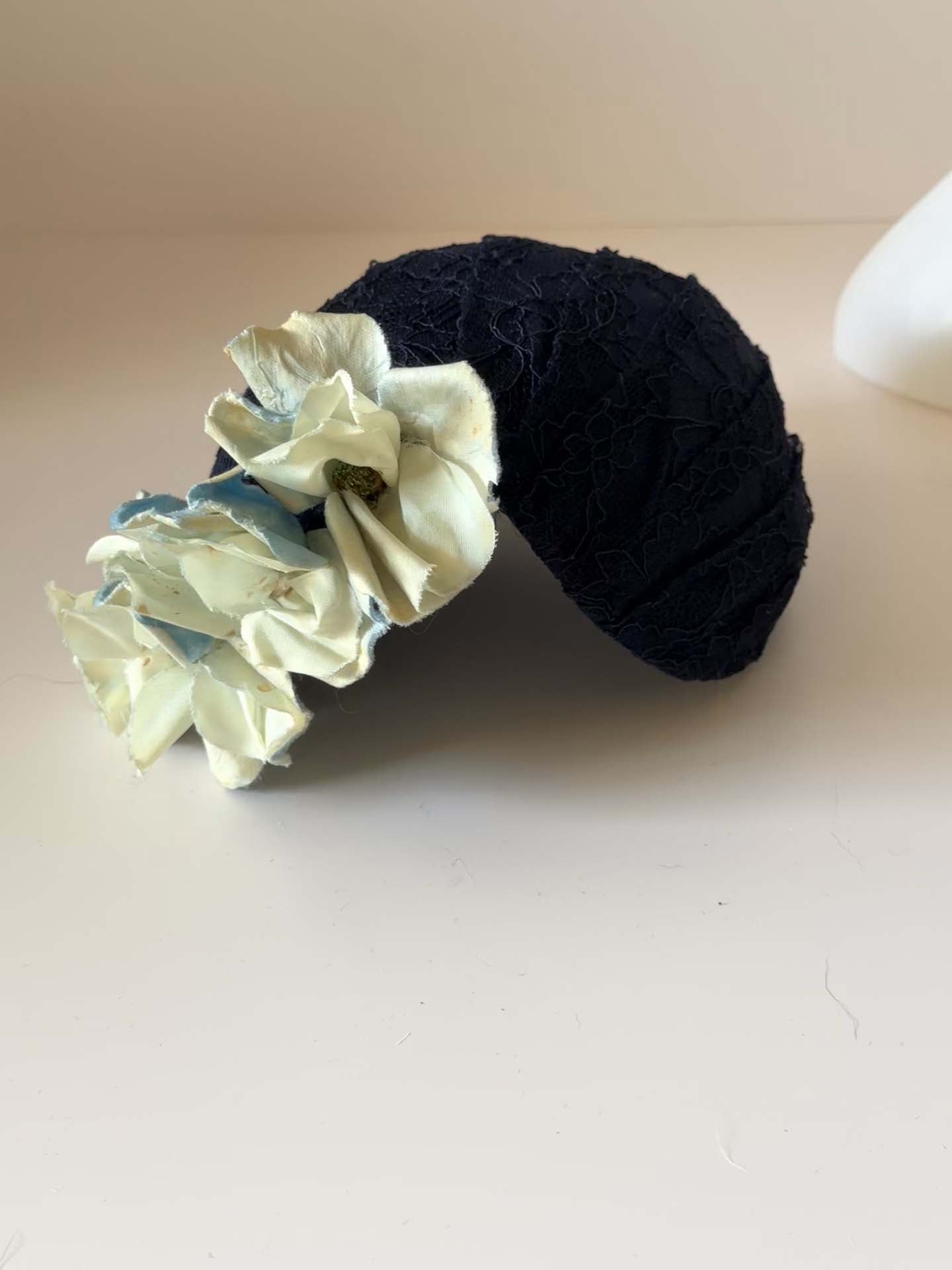 Vintage 1950s Navy Floral Cocktail Hat | Sculptural Blue Flower Fascinator | Mid Century Half Hat Millinery