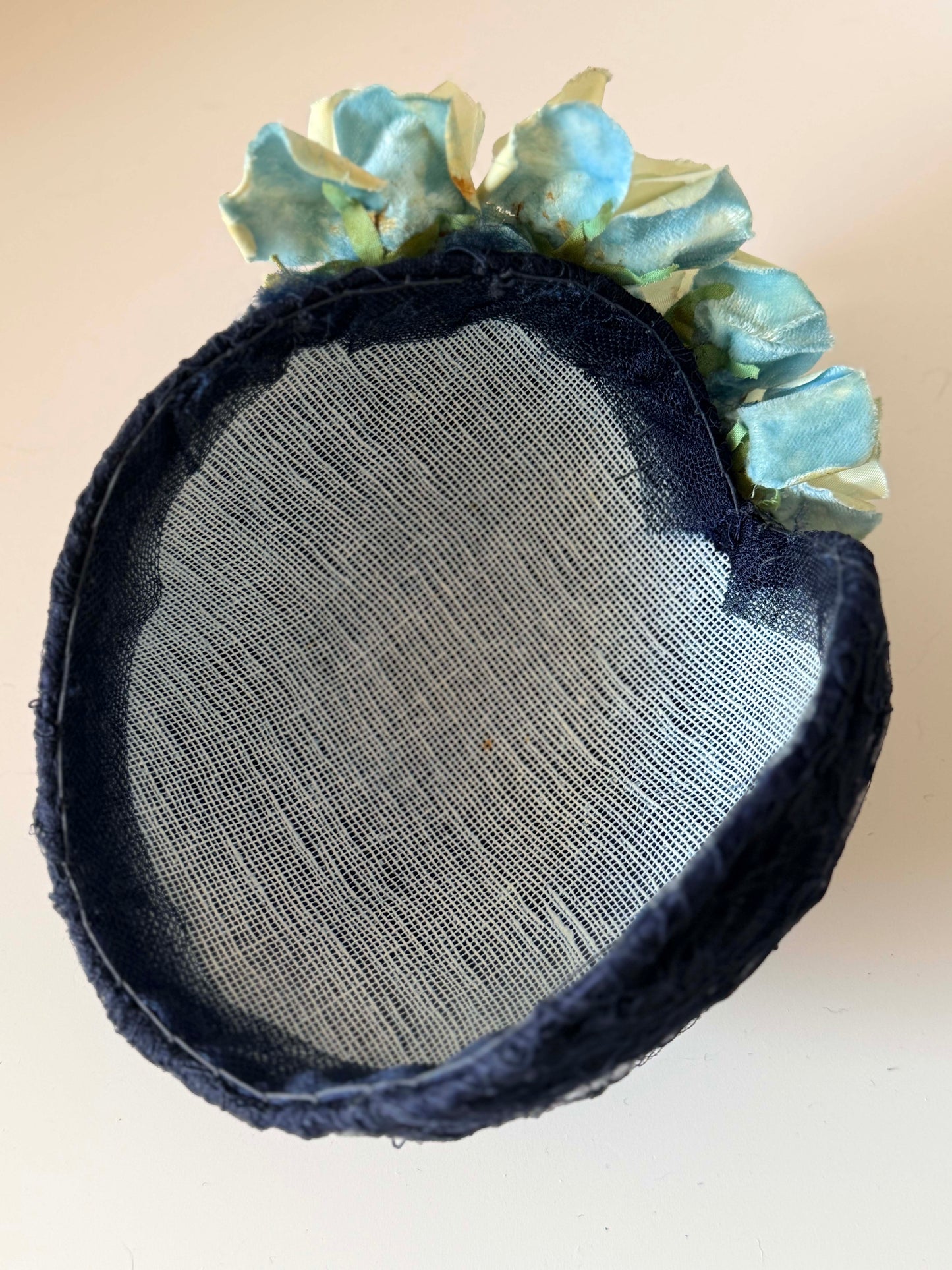 Vintage 1950s Navy Floral Cocktail Hat | Sculptural Blue Flower Fascinator | Mid Century Half Hat Millinery