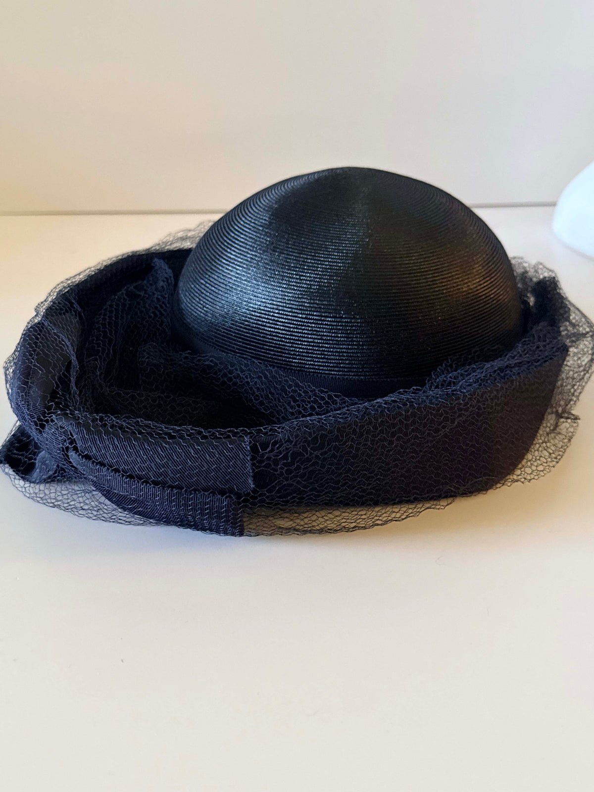 Vintage 1950s Gage Navy Blue Derby Hat Large Grosgrain Bow Veil Mid Century Saucer Hat Designer Millinery