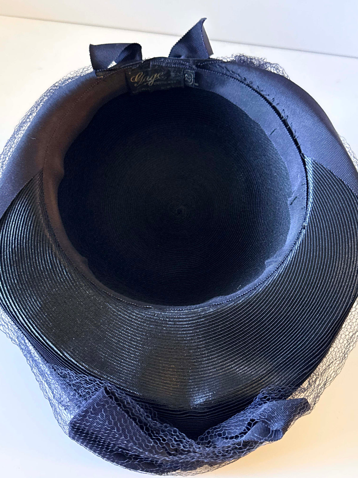 Vintage 1950s Gage Navy Blue Derby Hat Large Grosgrain Bow Veil Mid Century Saucer Hat Designer Millinery