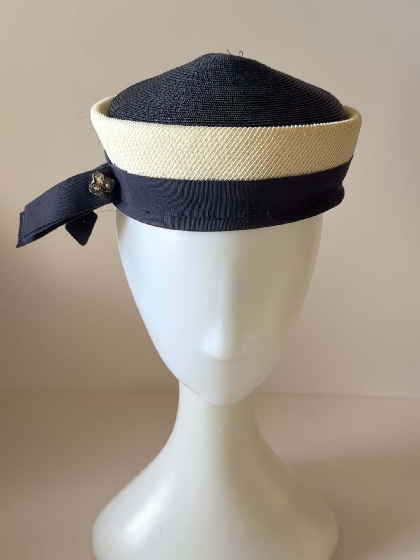 Vintage 1960s Navy and Ivory Pillbox Hat | Mod Breton Style Cocktail Hat | Jackie Kennedy Inspired Millinery